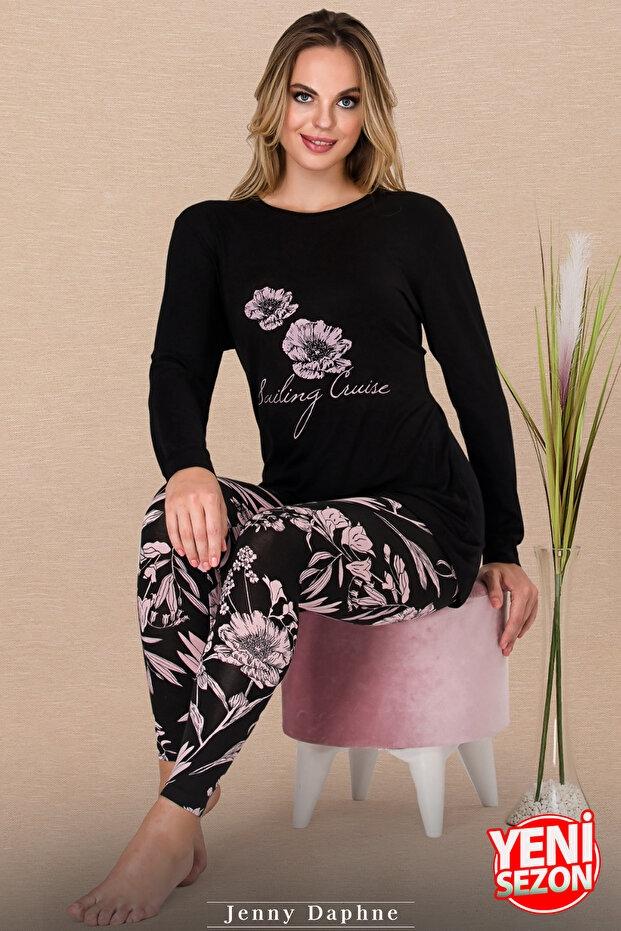 Çiçekli Uzun Kollu Viskon Pijama Takımı Lady 11605 - Siyah