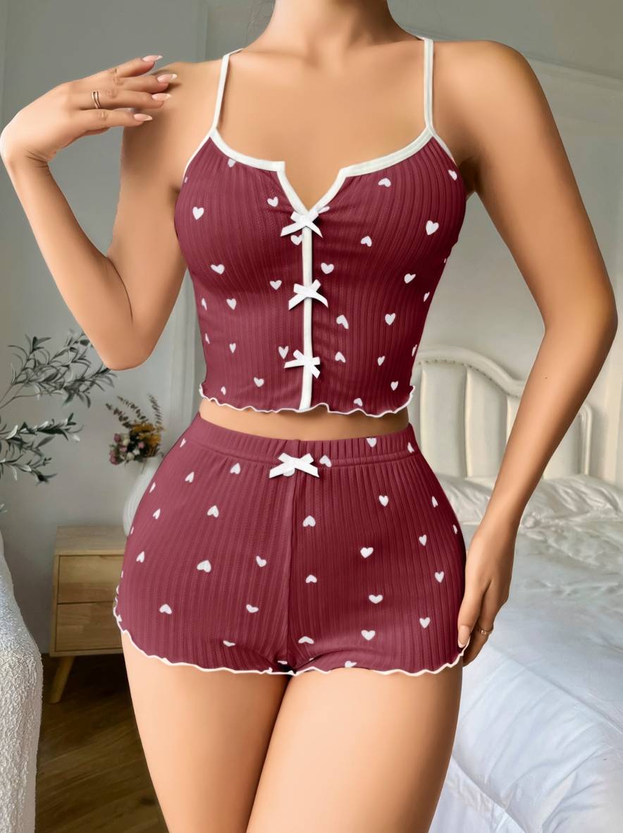 Bordo Çapraz Askılı Pamuklu Yazlık Pijama Şort Takım Lily Bianca 13111 - Bordo