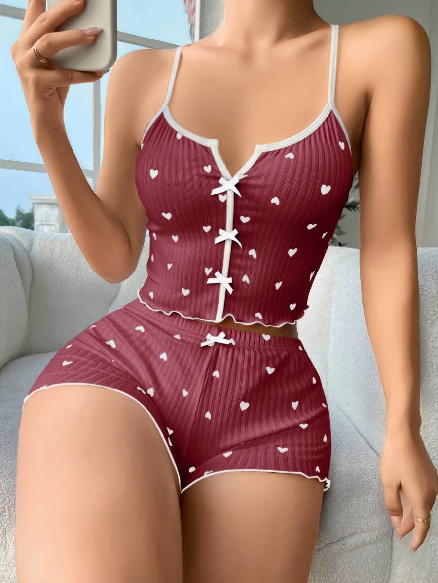 Bordo Çapraz Askılı Pamuklu Yazlık Pijama Şort Takım Lily Bianca 13111 - Bordo