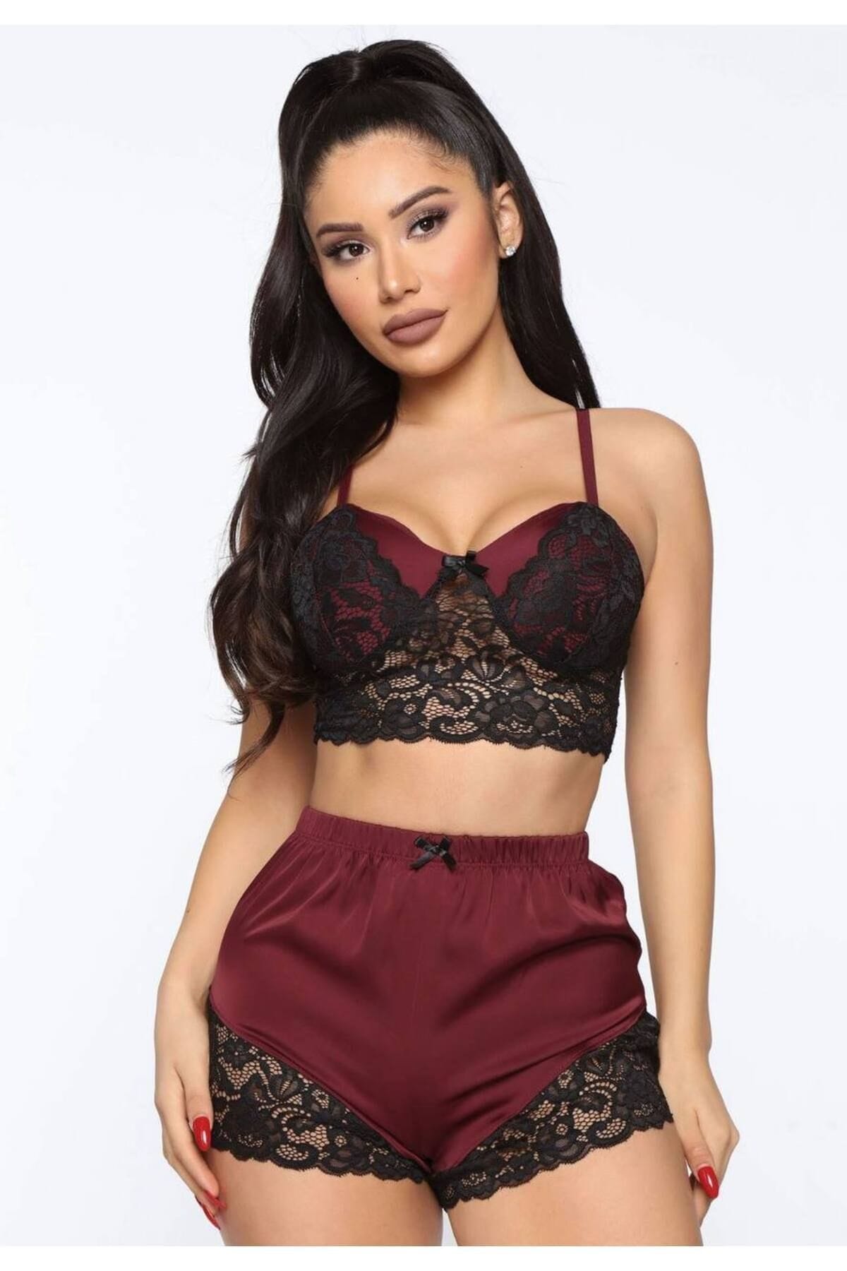 Bordo Dantel Detaylı Şort Takım Loomerie 542 - Bordo