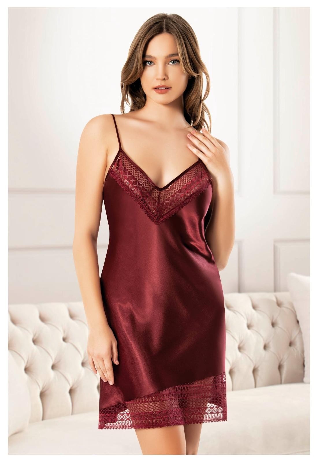 İnce Askılı Saten Kısa Gecelik Pembe Miss Laris 2131 - Bordo