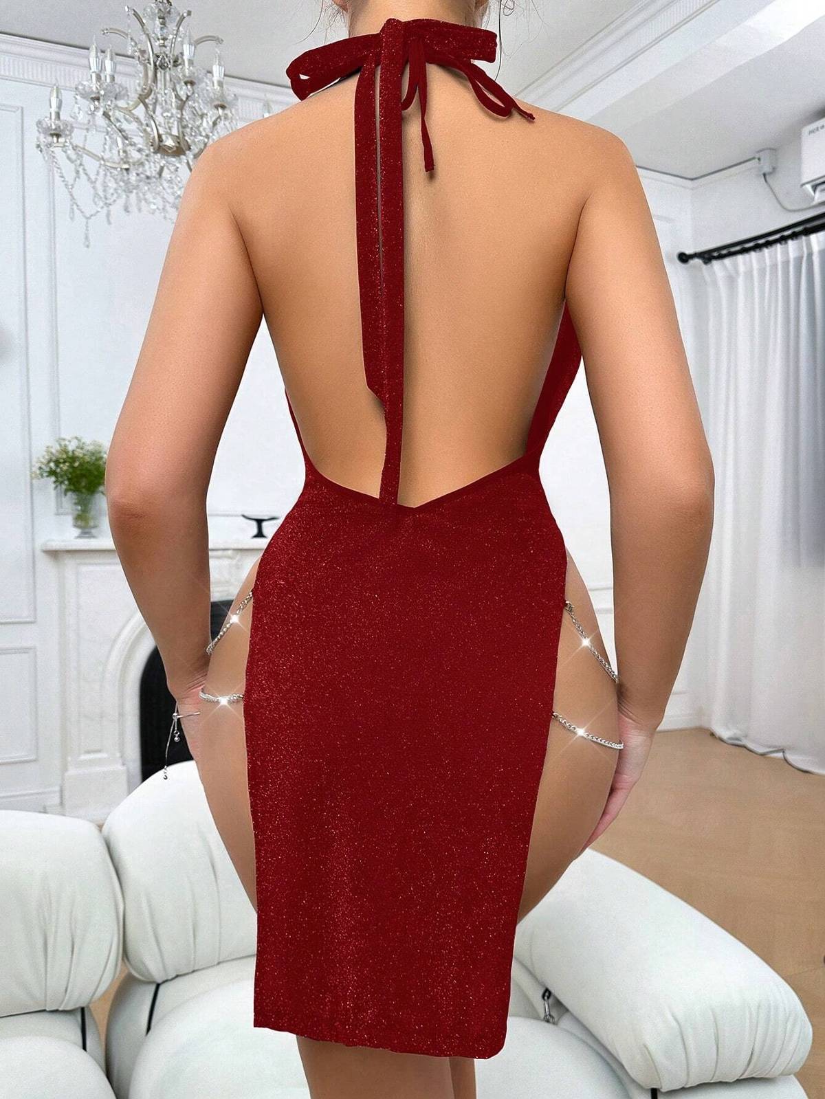 Ruselin Bordo Zincirli Dekolteli Mini Elbise Ruselin 5087 - Görsel 2