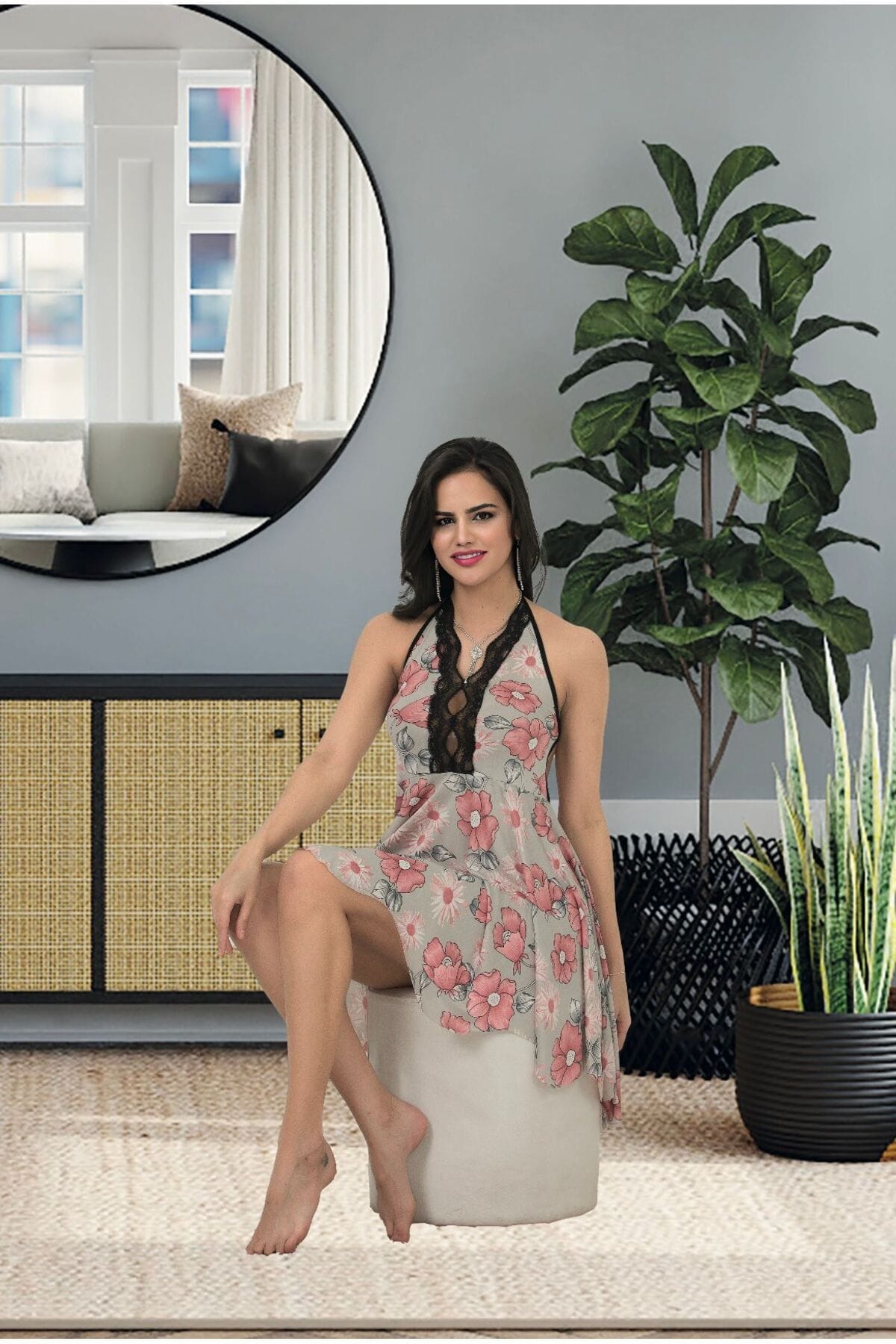 Çiçekli Kloş Kesim Kısa Gecelik Bej İzabel 3013 - Gri