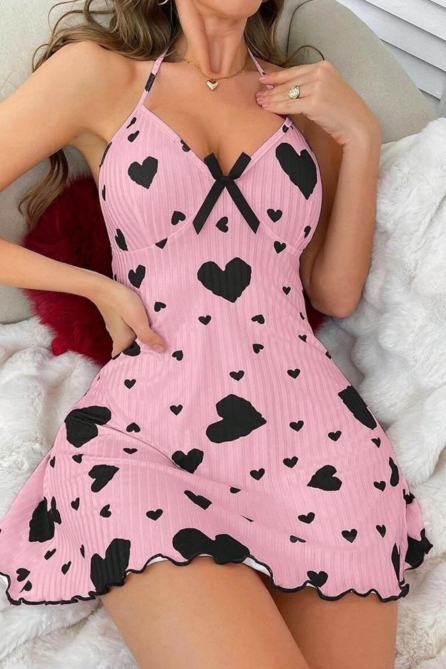 Boyundan Bağlamalı Leopar Desenli Kısa Gecelik Ruselin 5065 - Pembe