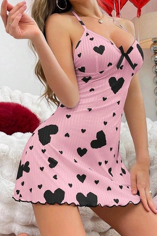 Boyundan Bağlamalı Leopar Desenli Kısa Gecelik Ruselin 5065 - Pembe