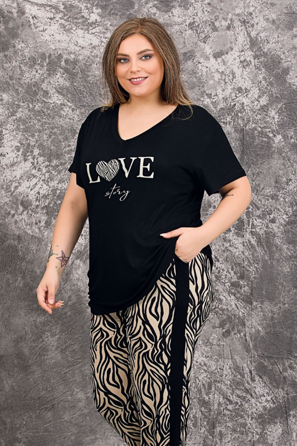 Büyük Beden Kısa Kollu Pijama Takımı Somon Lady 10954 - Siyah