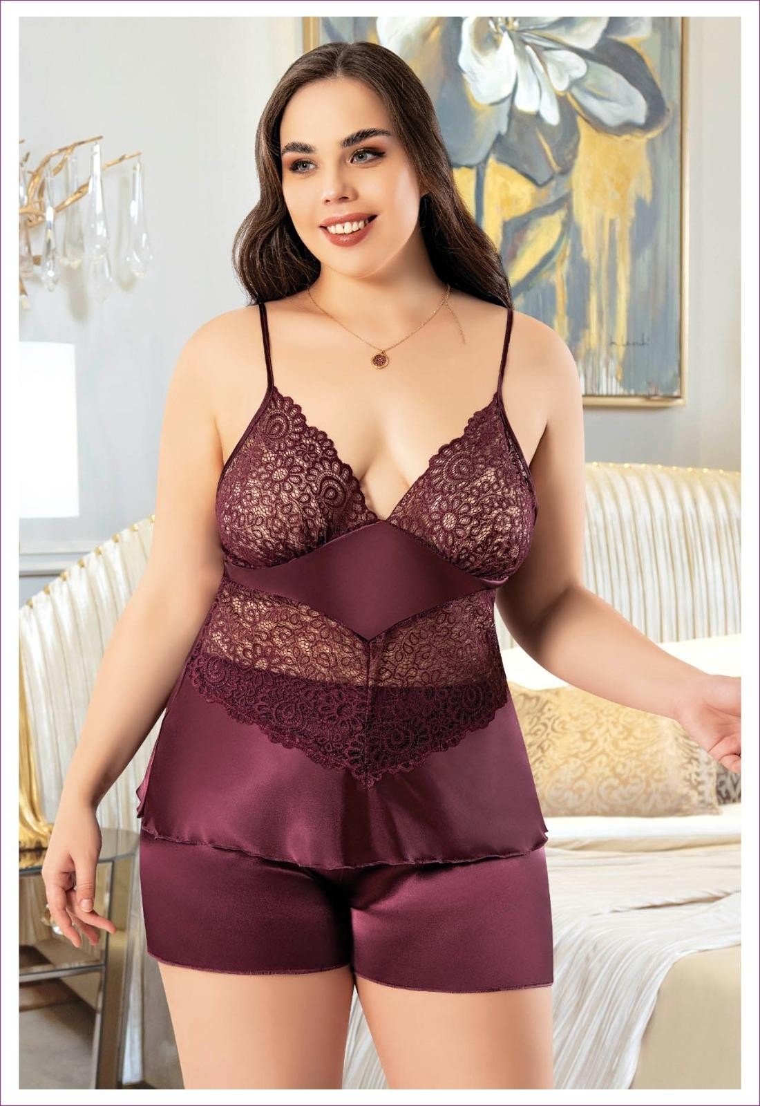 Dantelli Saten Şort Pijama Takımı Miss Laris 4242 - Bordo