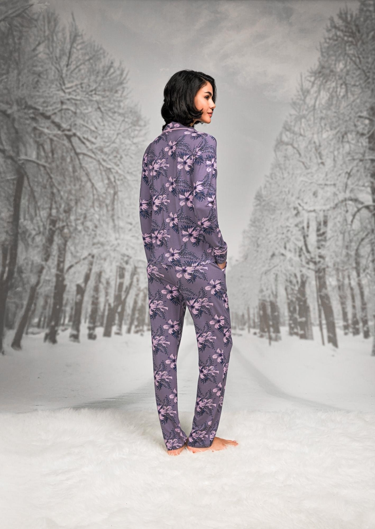 Pamuklu Uzun Kollu Büyük Beden Pijama Takımı Doreanse 26K4107P - Mor