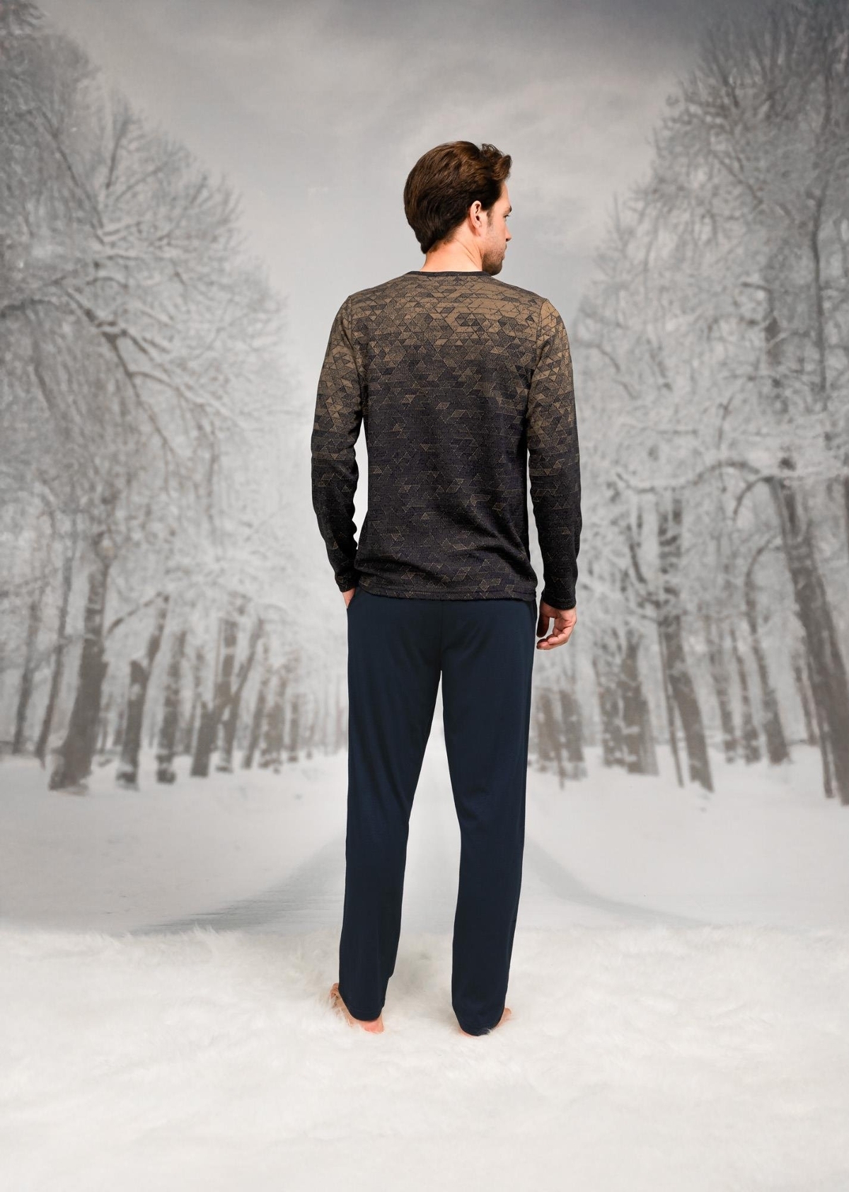 Büyük Beden Cepli Baklava Desenli Uzun Kollu Pijama Takımı Doreanse 26K4604 - Lacivert