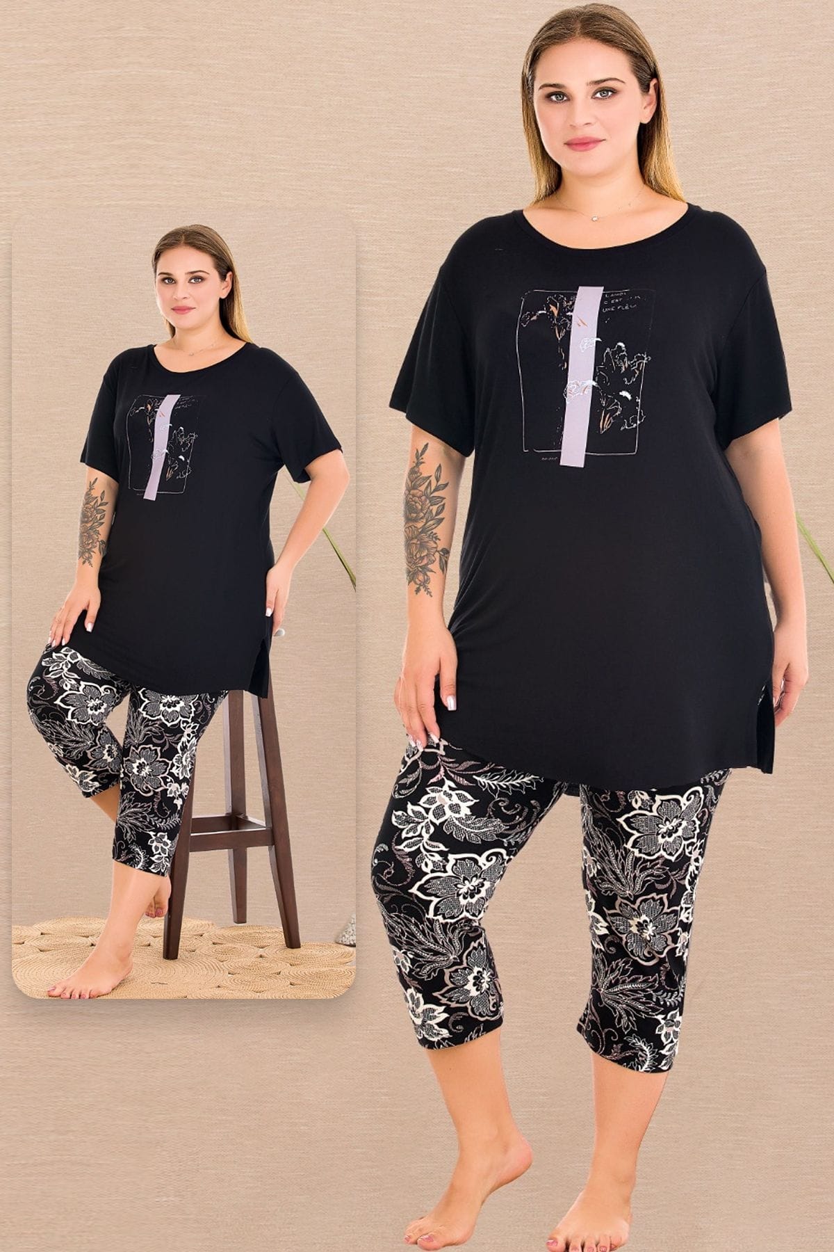 Çiçek Desenli Kapri Pijama Takımı Lady 10729 - Siyah