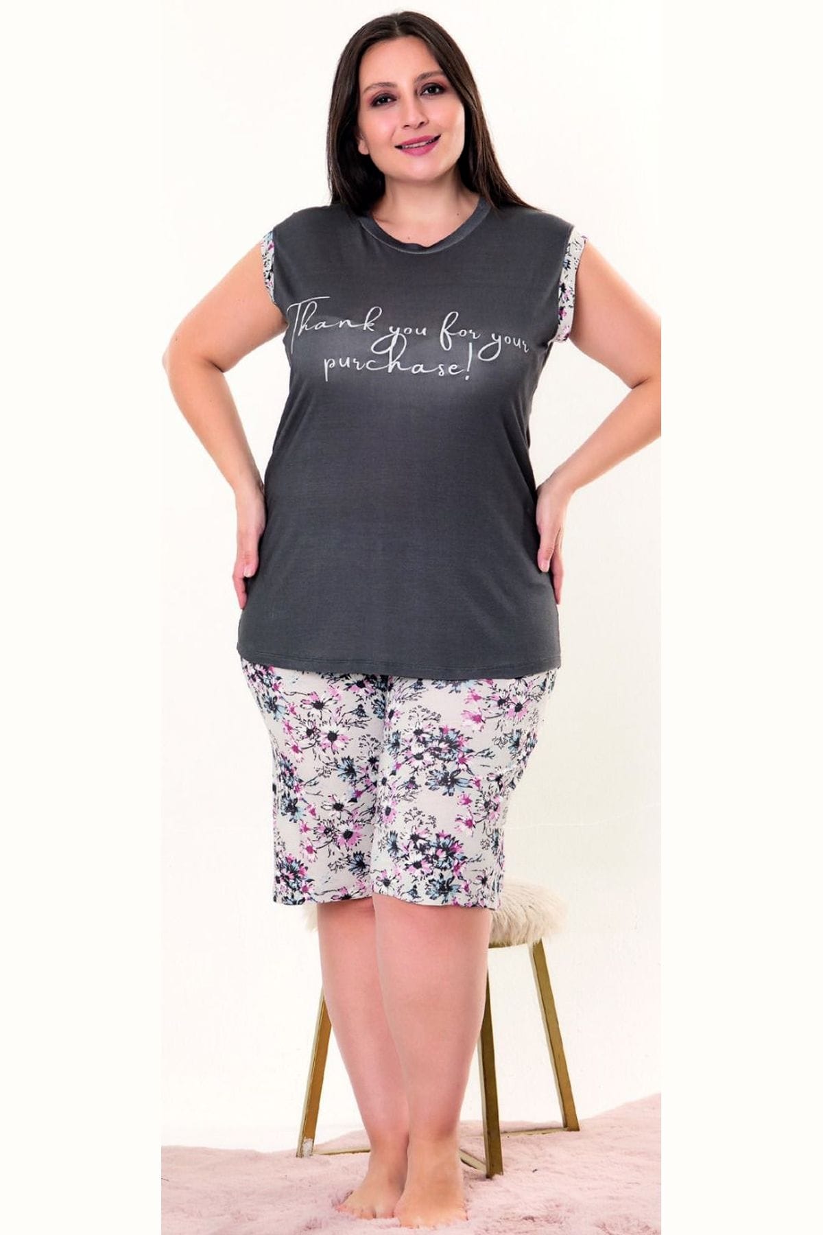 Büyük Beden Çiçekli Sıfır Kol Şort Pijama Takımı Lady 10415 - Yeşil