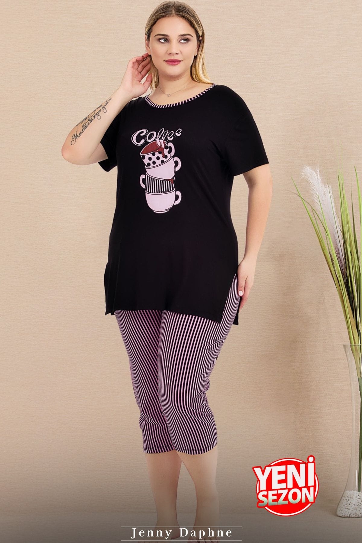 Büyük Beden Çizgili Kapri Kısa Kollu Pijama Takımı Lady 10728 - Siyah