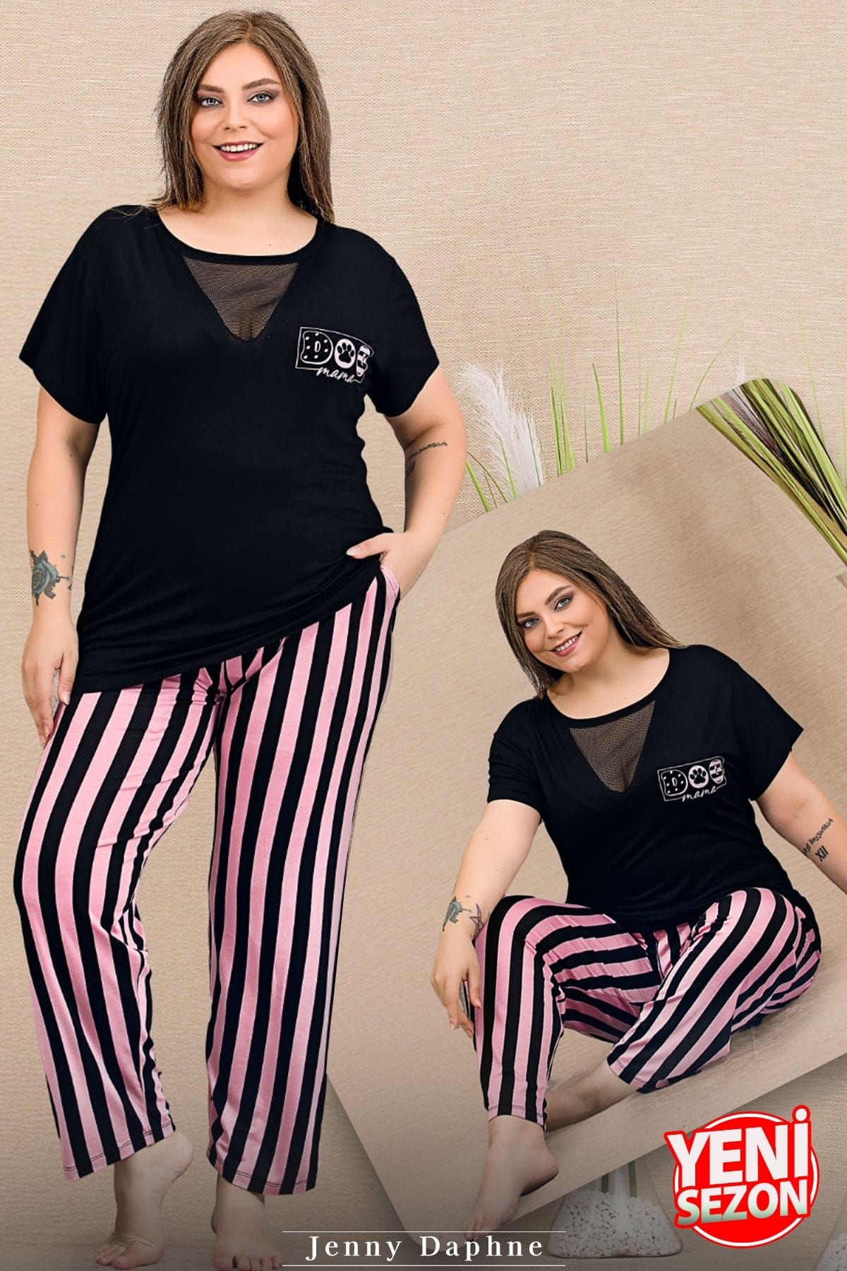 Büyük Beden Tül Detaylı Kısa Kollu Pijama Takımı Lady 11000 - Siyah
