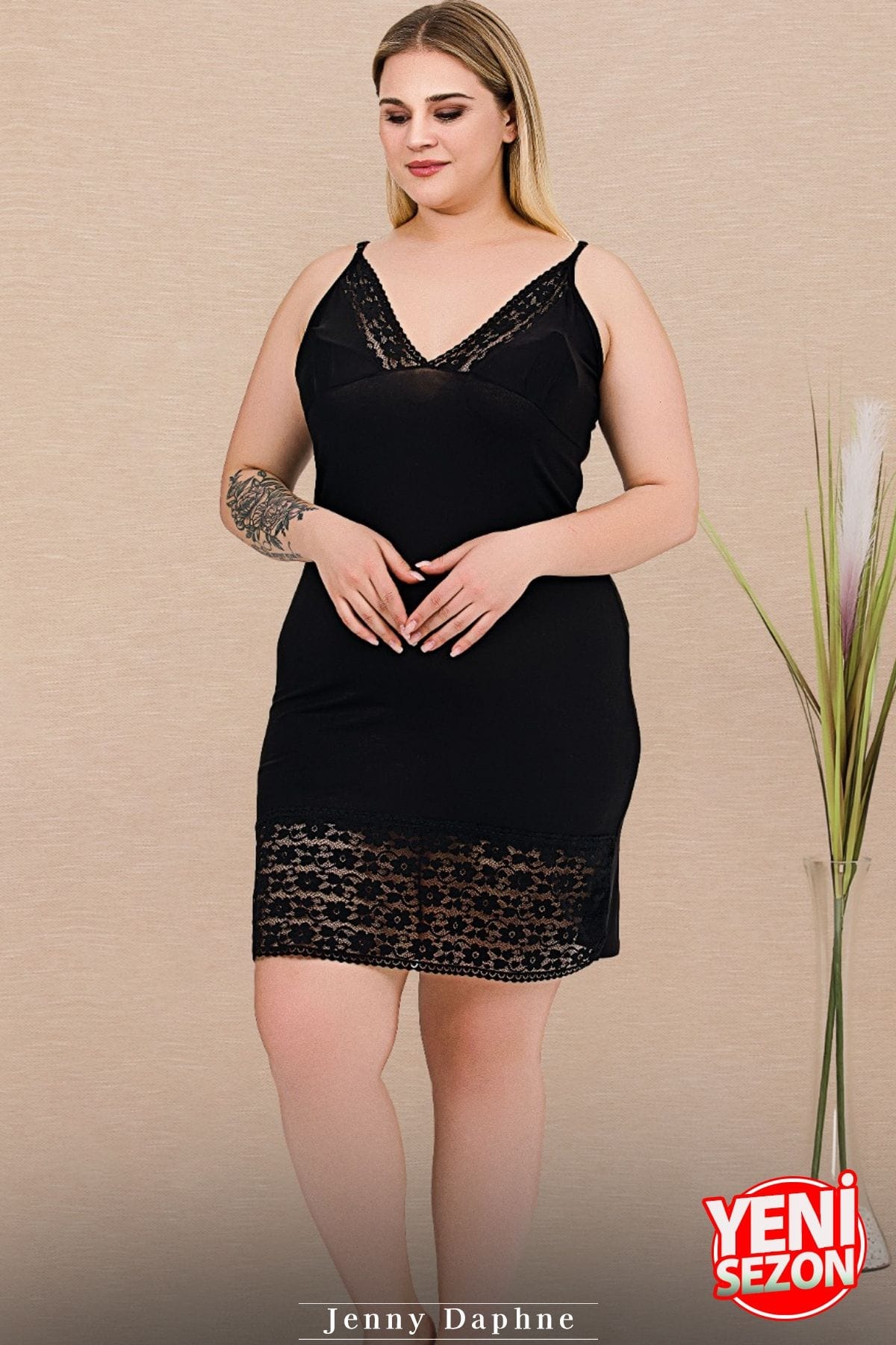 Büyük Beden Çizgili Viskon Askılı Sabahlık Gecelik Takım Lady 19239 - Siyah