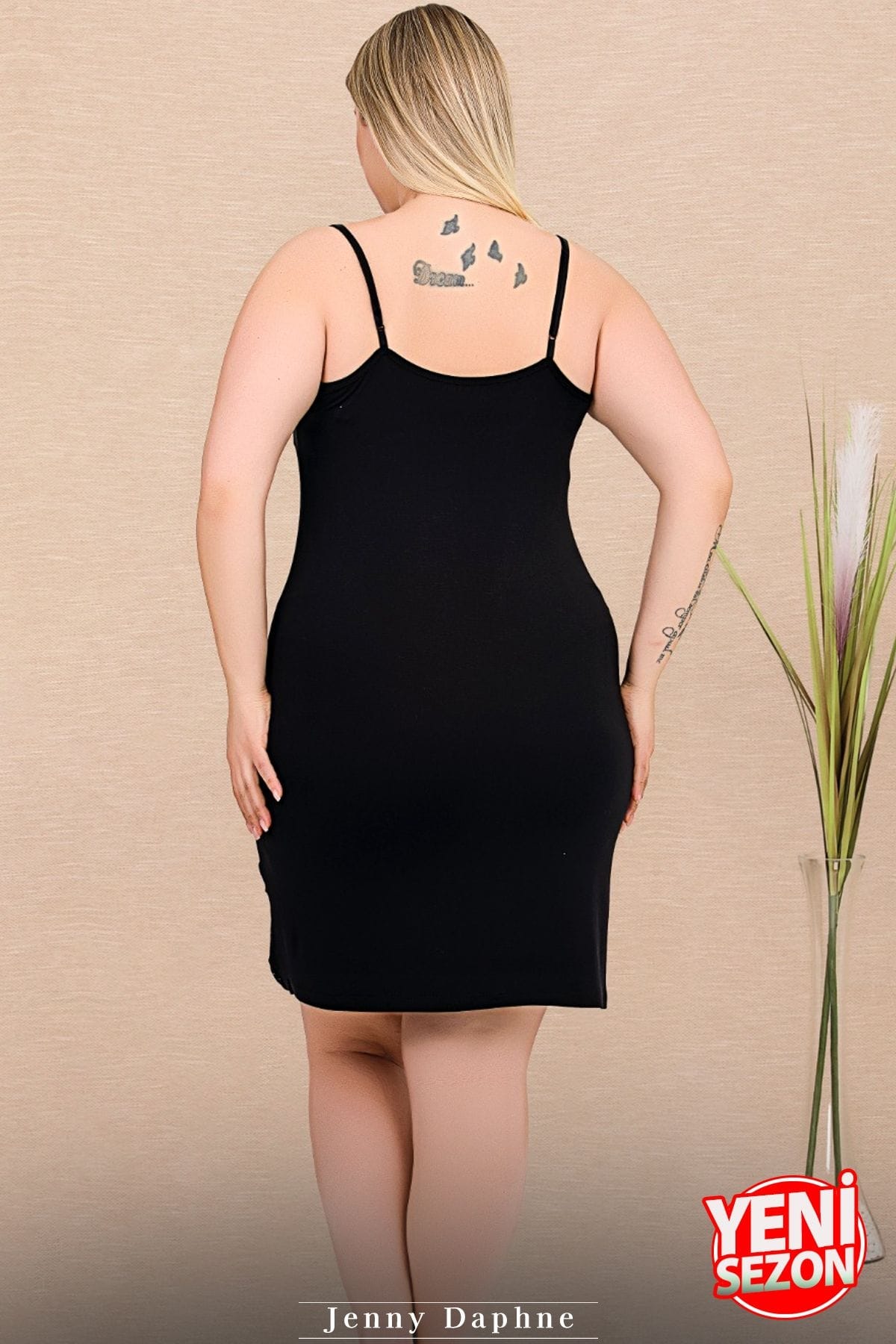 Büyük Beden Çizgili Viskon Askılı Sabahlık Gecelik Takım Lady 19239 - Siyah