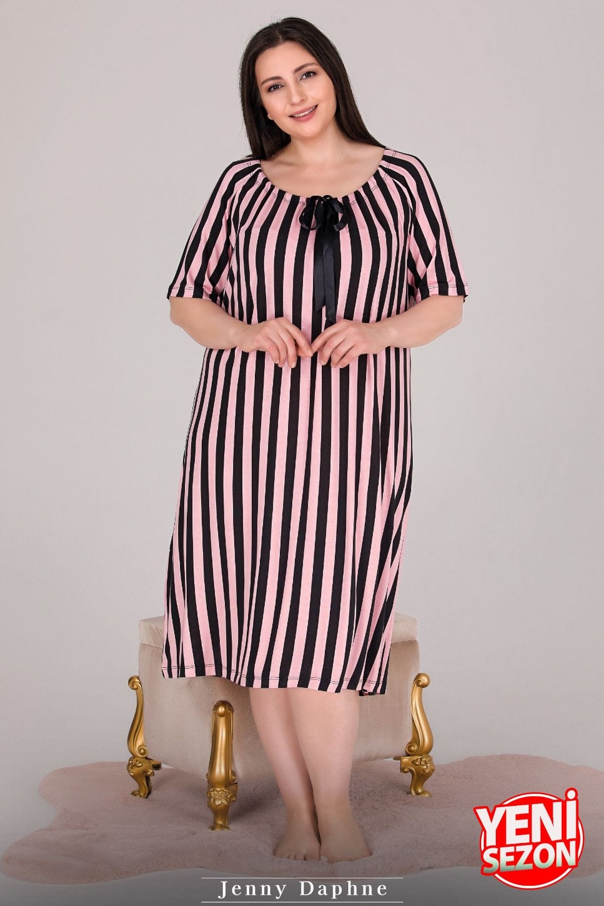 Büyük Beden Çizgili Kurdelalı Tunik Gecelik Lady 8816 - Siyah