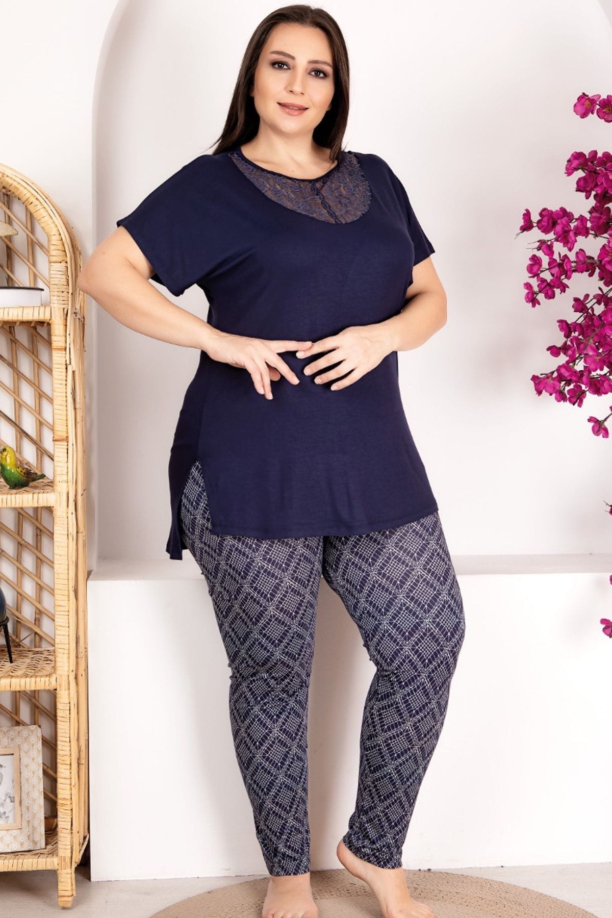 Büyük Beden Dantel Detaylı Kısa Kollu Pijama Takımı Lady 10973 - Mor
