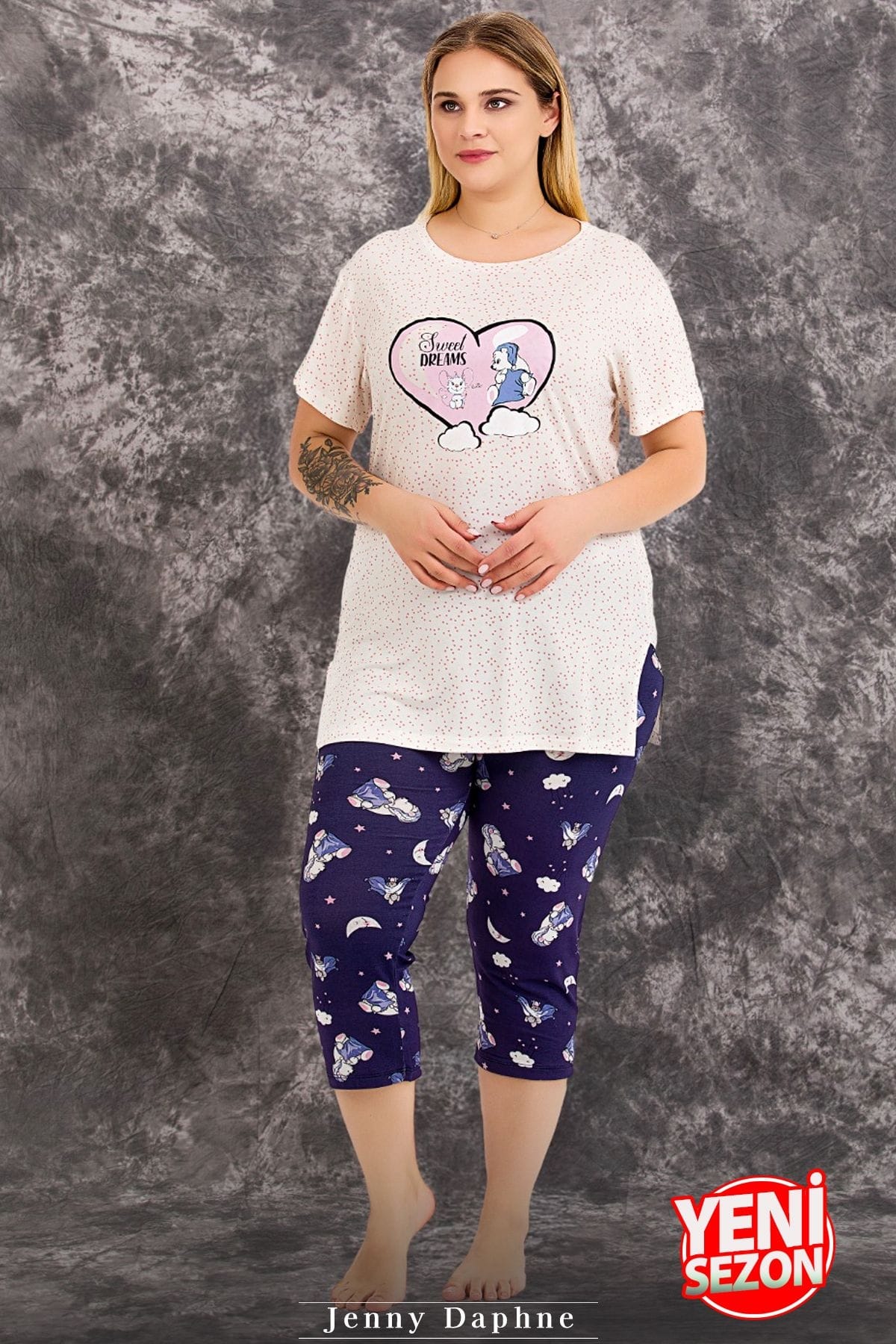 Büyük Beden Desenli Kapri Pijama Takımı Lady 10713 - Ekru