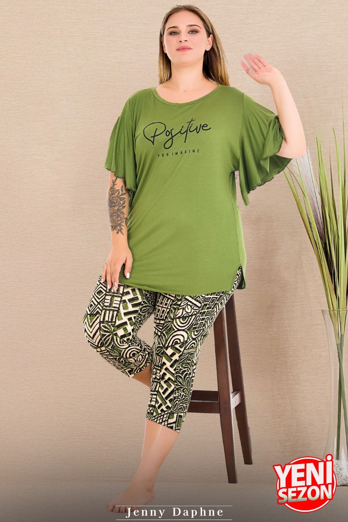 Desenli Geniş Kısa Kollu Kapri Pijama Takımı Lady 10721 - Yeşil