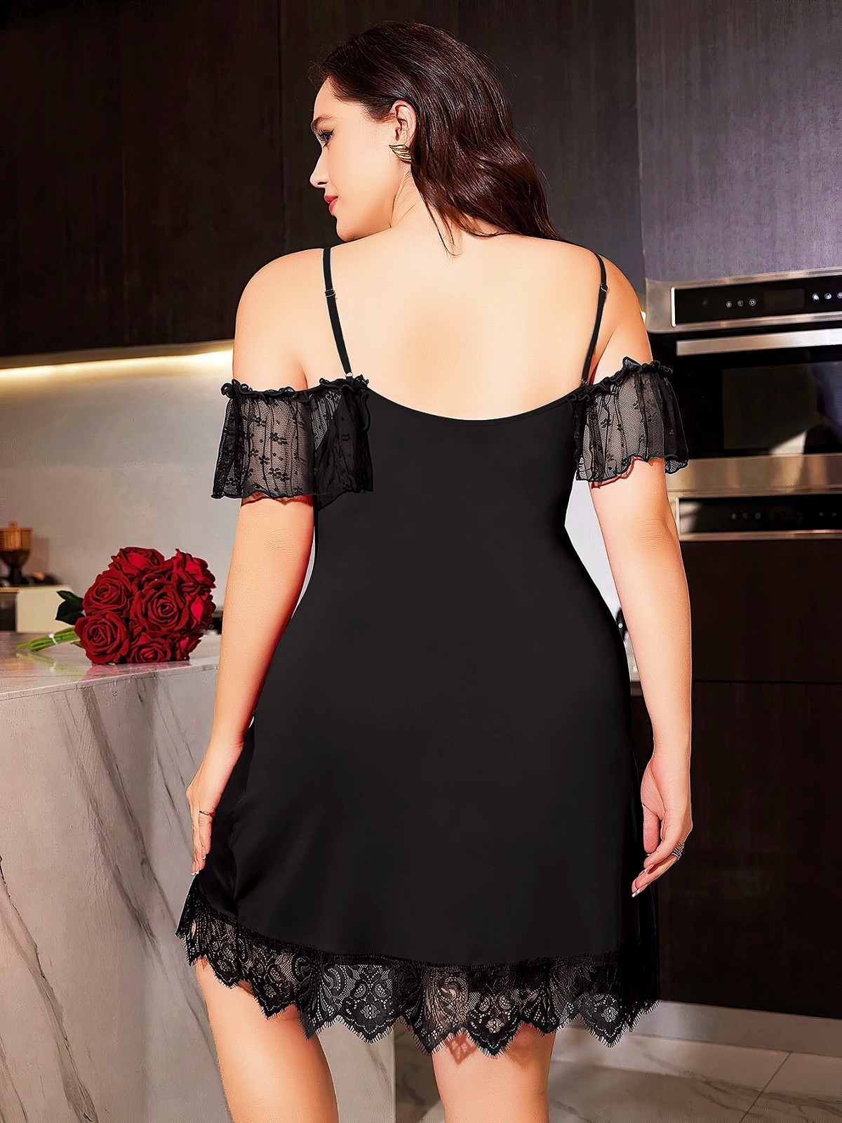 Büyük Beden Düşük Omuzlu Somon Kadın Gecelik Pink Night 6669 - Siyah