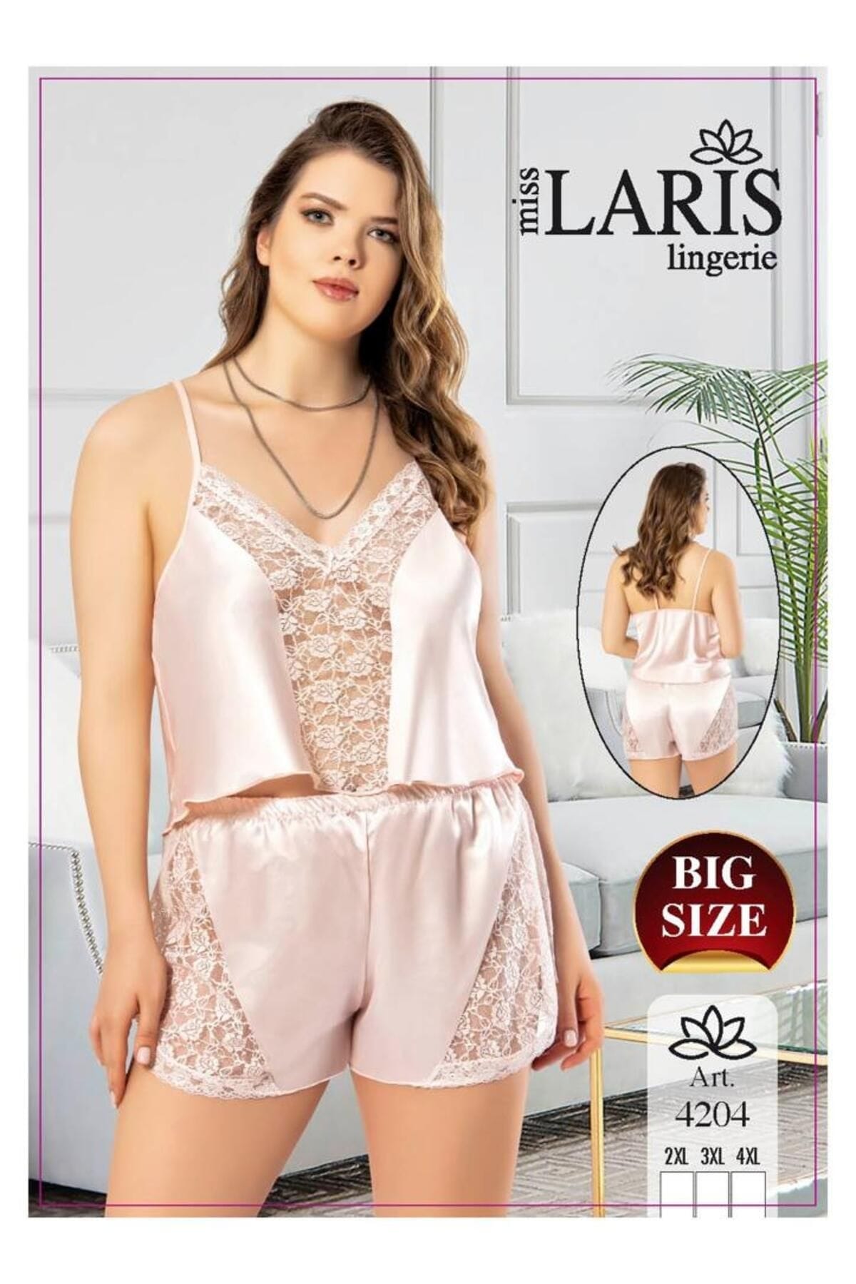 Büyük Beden Dantel İşlemeli Saten Şort Takım Miss Laris 4204 - Ekru