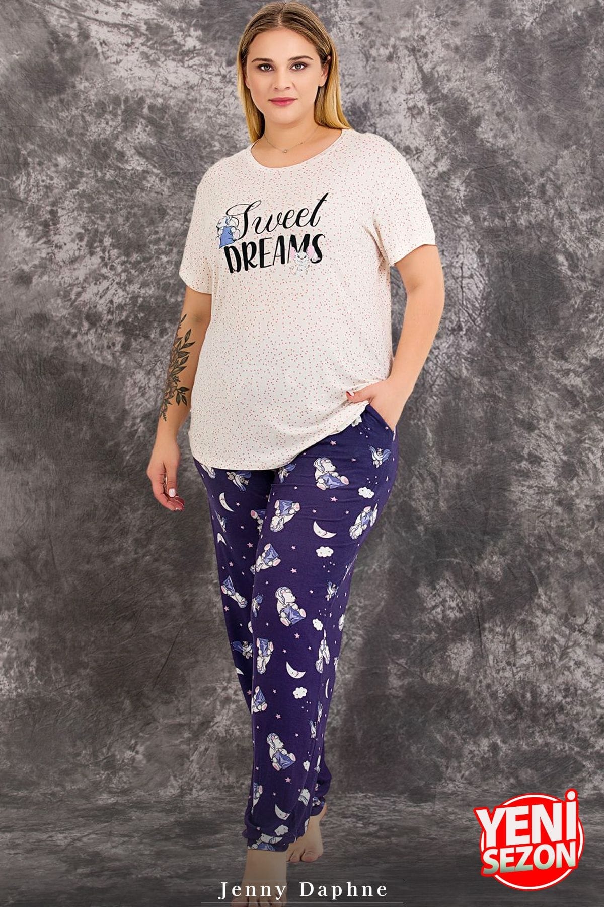 Ekru Çiçek Desenli Büyük Beden Pijama Takımı Lady 10978 - Lacivert