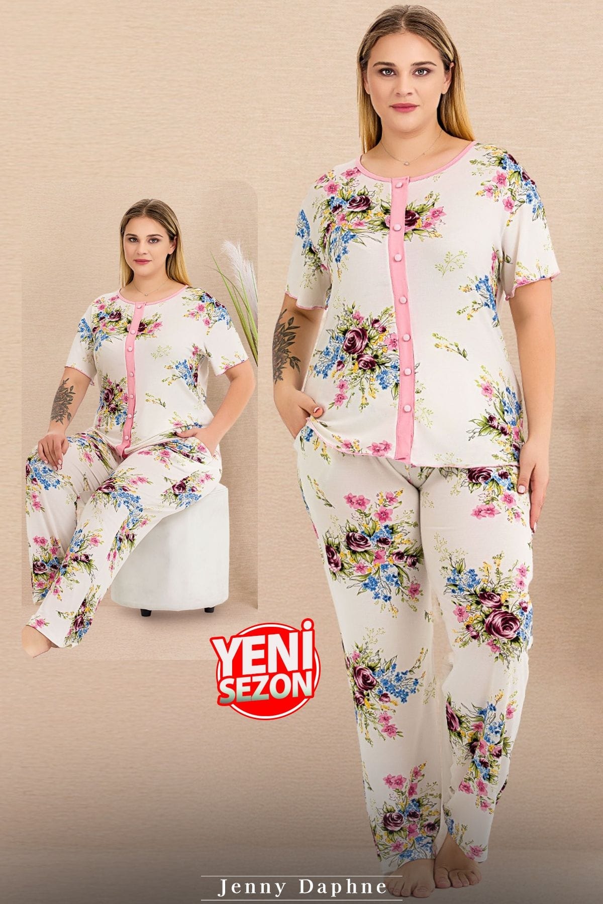 Lady Büyük Beden Gül Desenli Düğmeli Pijama Takımı Lady 11015