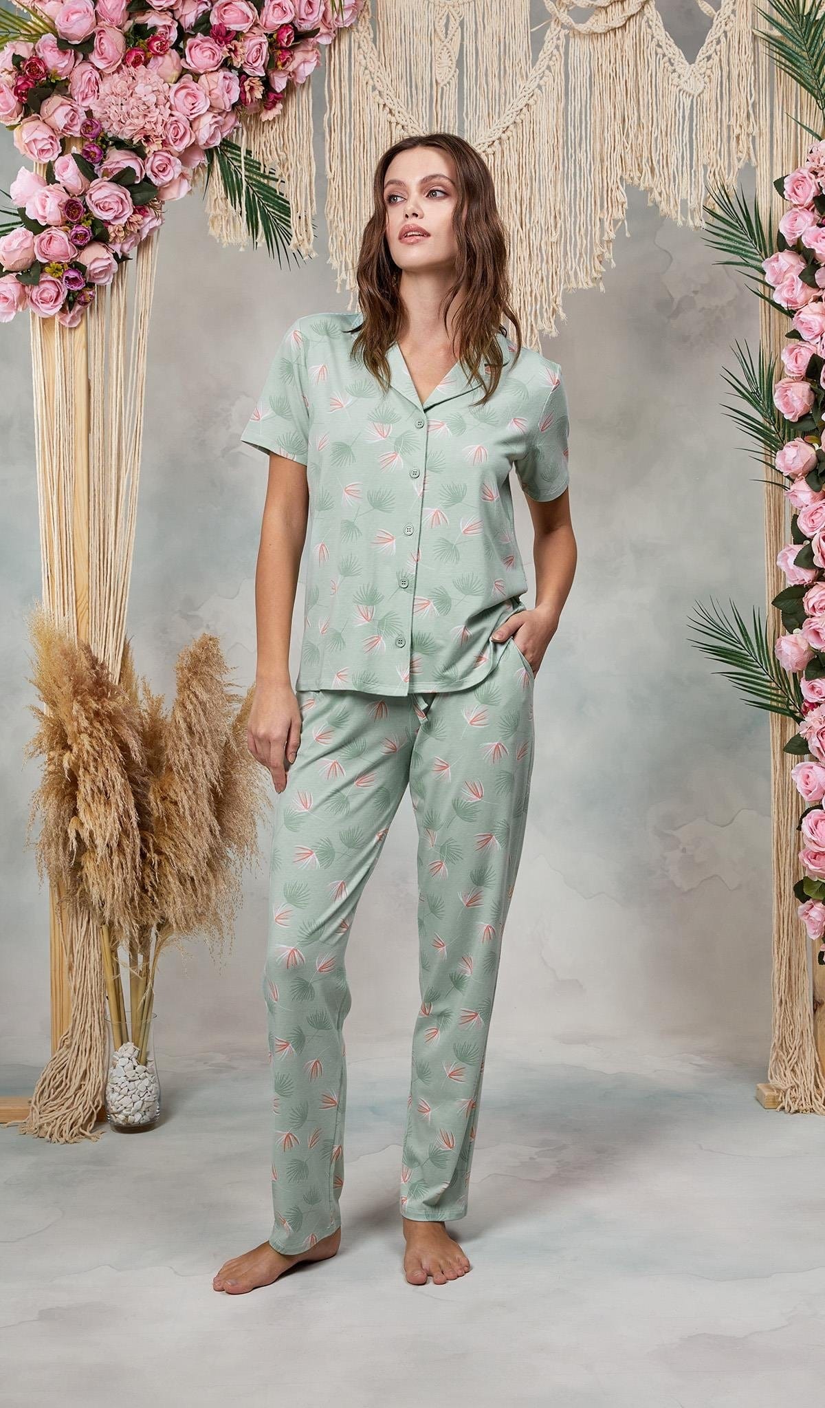 Büyük Beden Kadın Turkuaz Desenli Pijama Takımı Doreanse 25Y4060 - Turkuaz