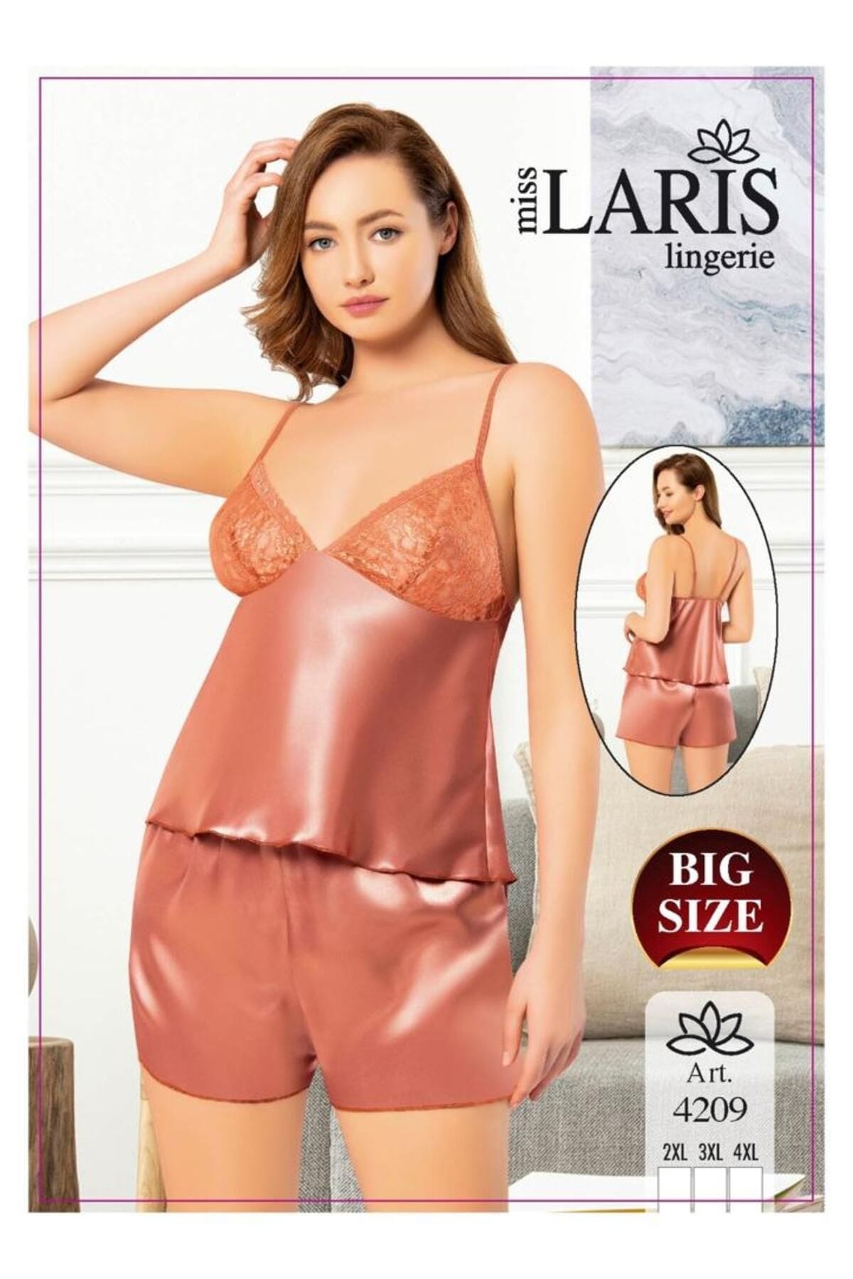 Kahve Dantel İşlemeli Saten Şort Takım Miss Laris 4209 - Kahverengi