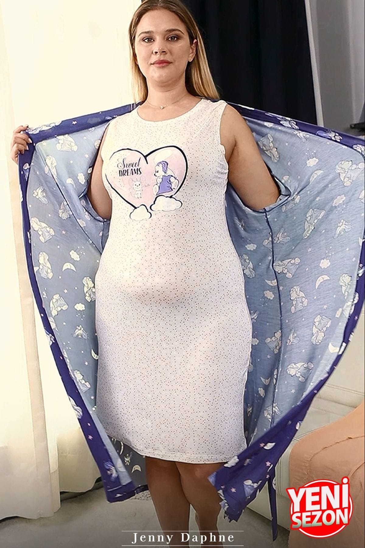 Büyük Beden Lacivert 2li Gecelik Sabahlık Takımı Lady 19233 - Lacivert