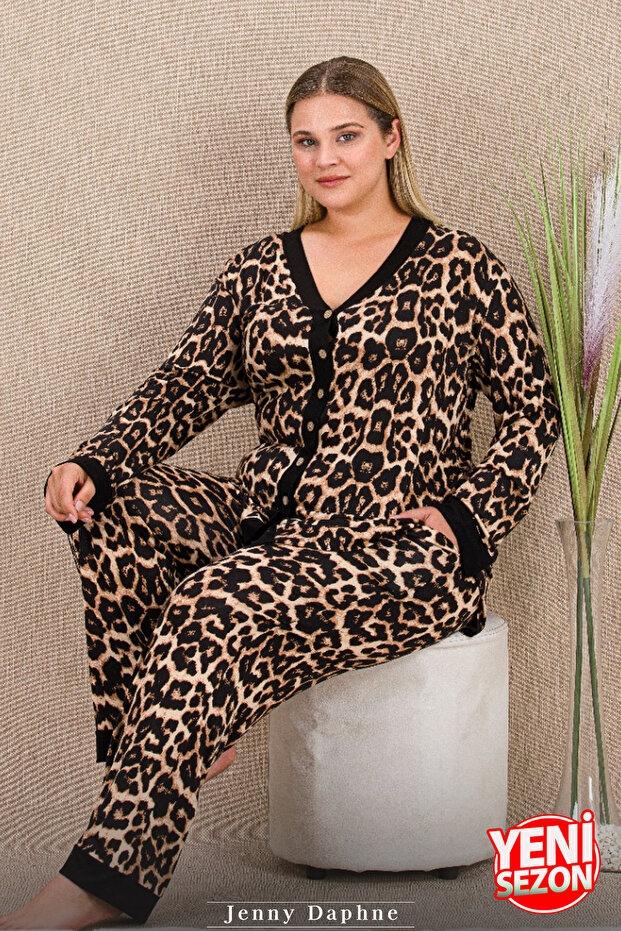 Leopar Desenli Büyük Beden Uzun Kollu Pijama Takımı Lady 11425 - Siyah