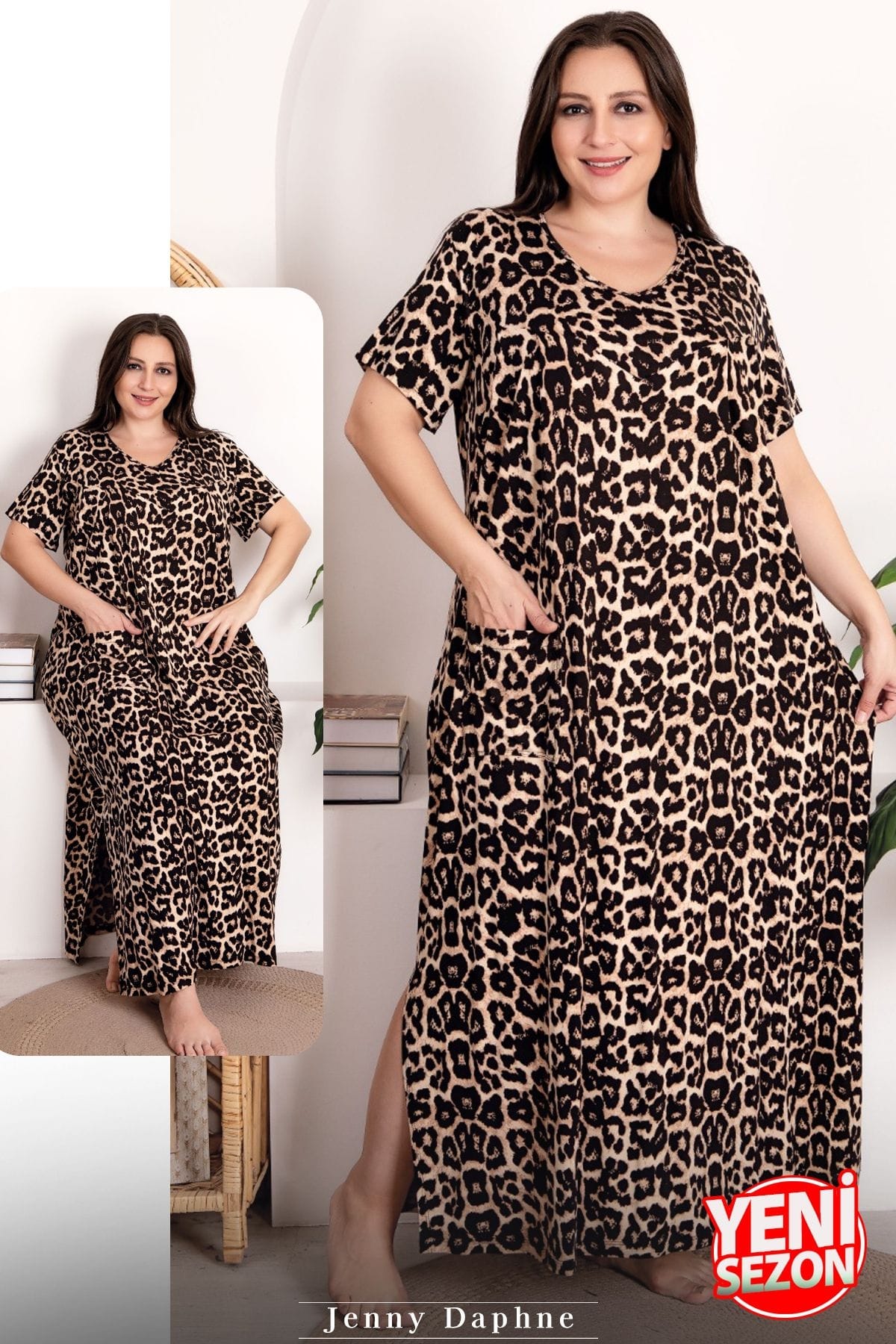 Leopar Desenli Yırtmaçlı Kısa Kollu Elbise Lady 7251 - Siyah