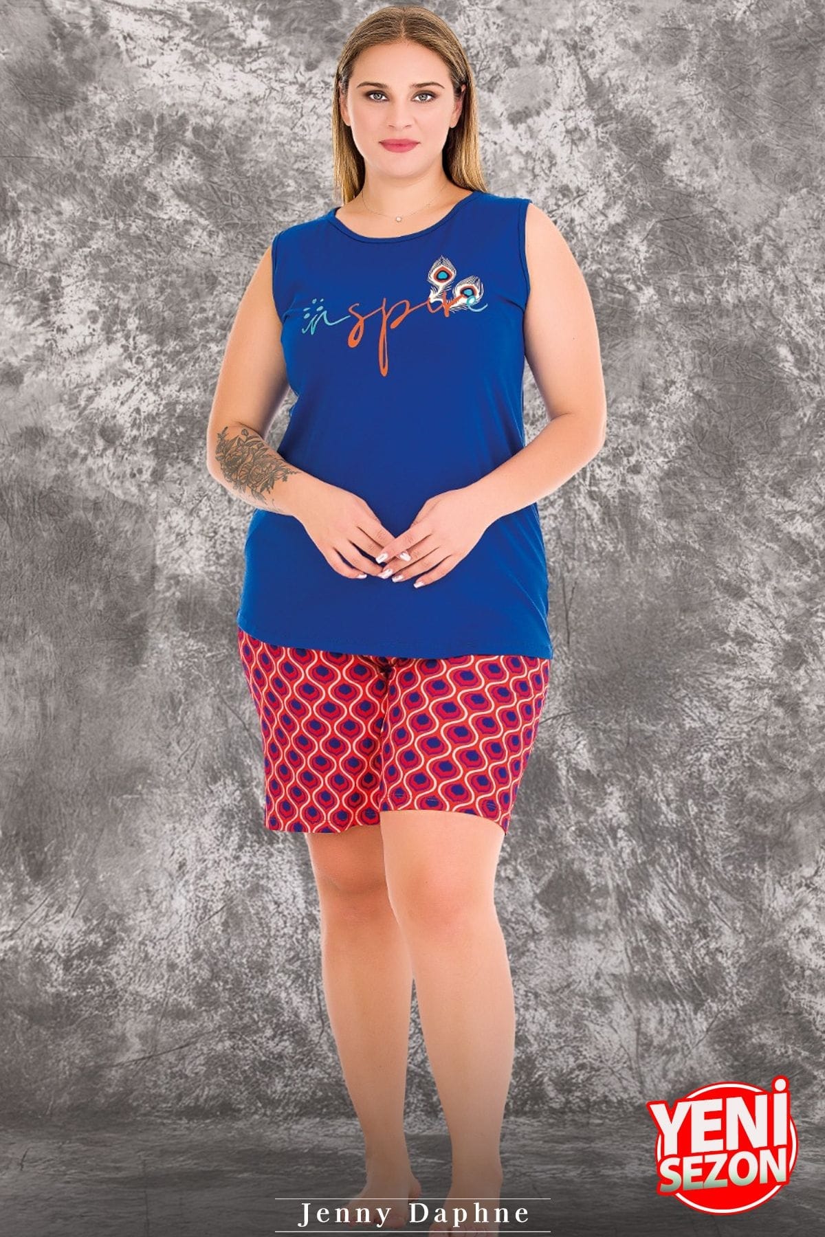 Desenli Büyük Beden Sıfır Kollu Şortlu Pijama Takımı Lady 10426 - Mavi