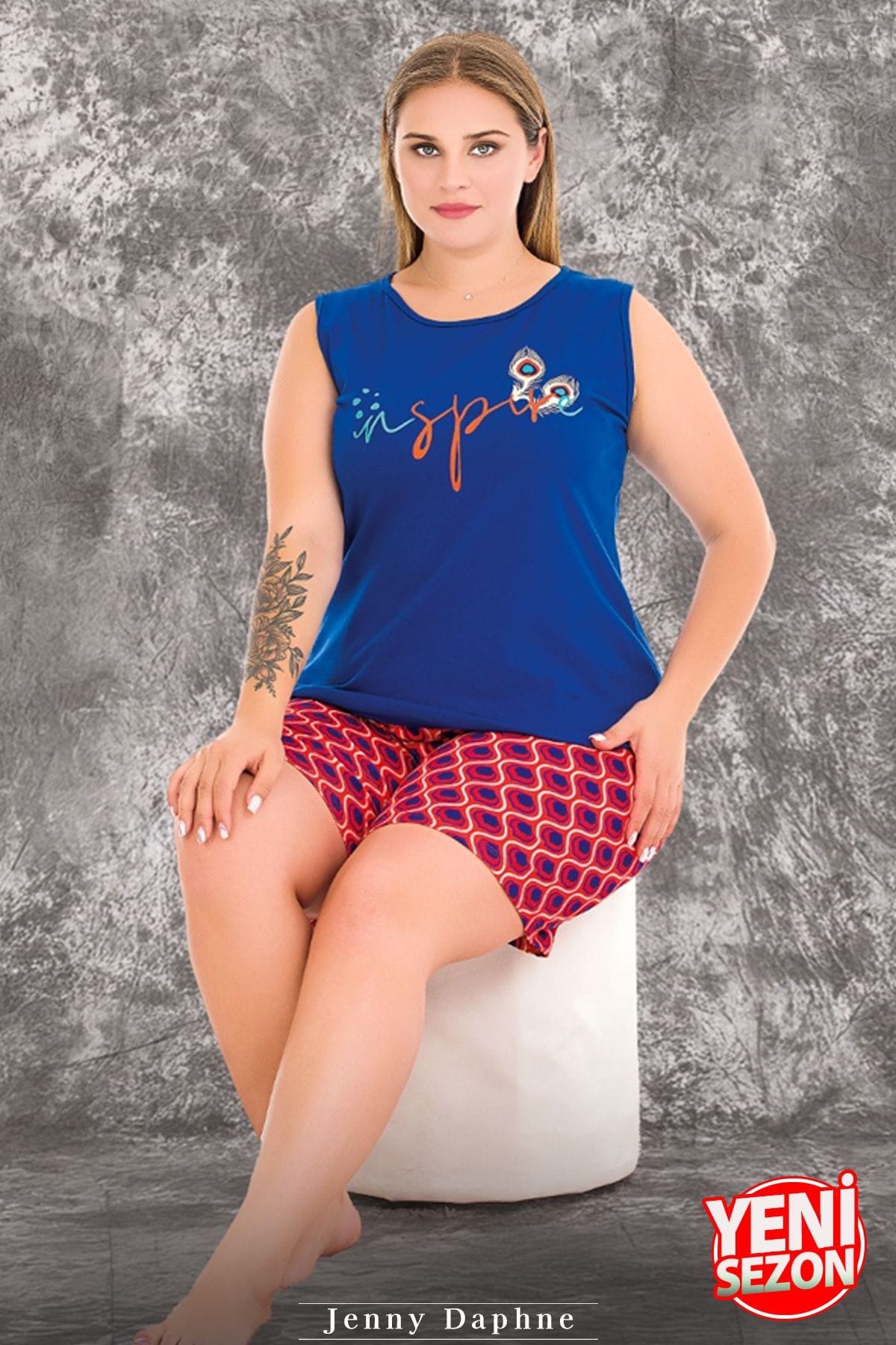 Desenli Büyük Beden Sıfır Kollu Şortlu Pijama Takımı Lady 10426 - Mavi