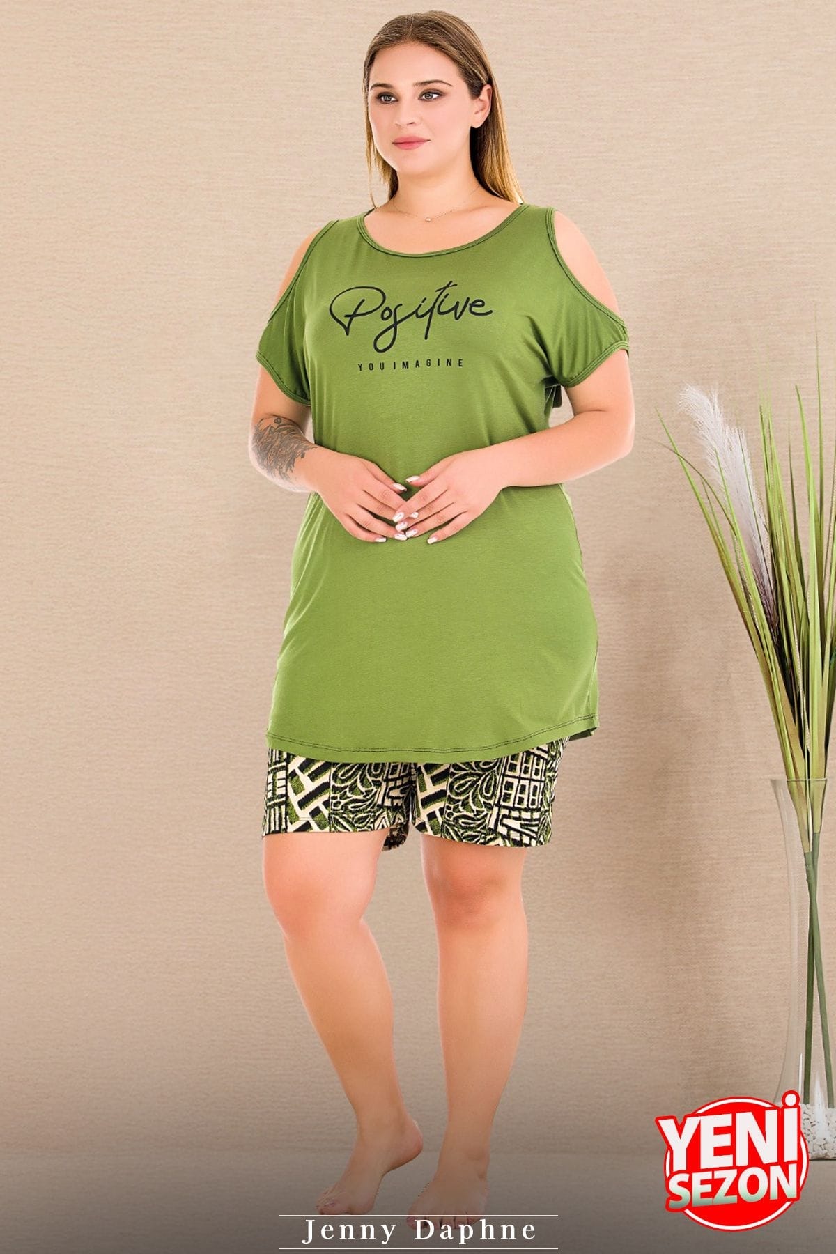 Yumuşak Pamuklu Kısa Kollu Şort Pijama Takımı Lady 10429 - Yeşil