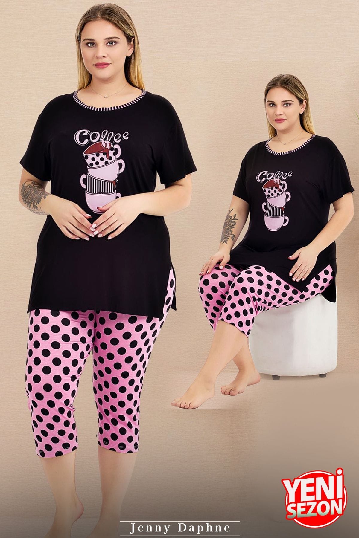 Büyük Beden Puantiyeli Kısa Kollu Kapri Pijama Takımı Lady 10723 - Siyah