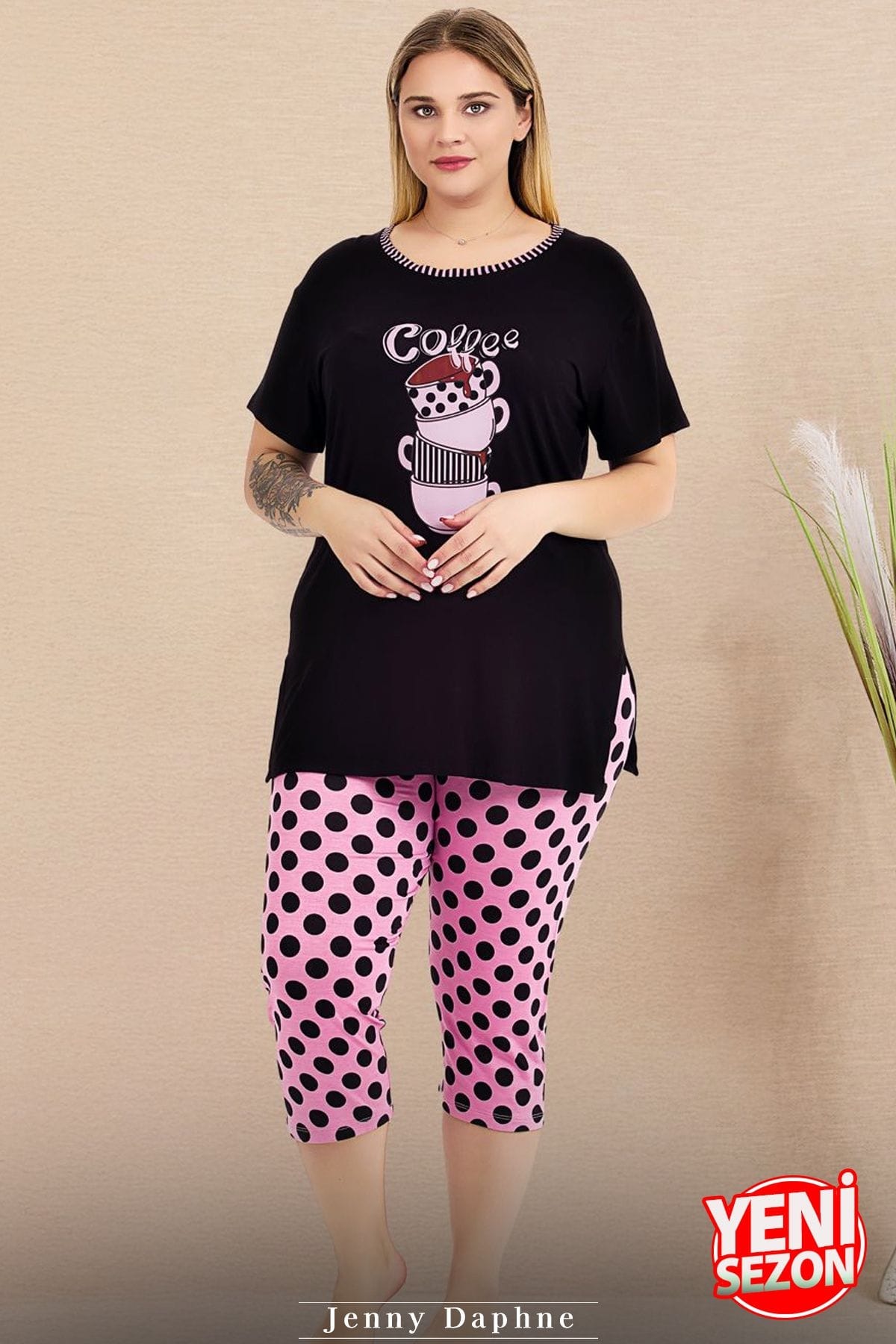 Büyük Beden Puantiyeli Kısa Kollu Kapri Pijama Takımı Lady 10723 - Siyah