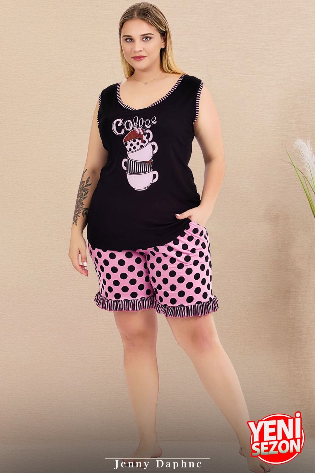 Büyük Beden Puantiyeli Kolsuz Bisiklet Yaka Şortlu Pijama Takımı Lady 10431 - Siyah