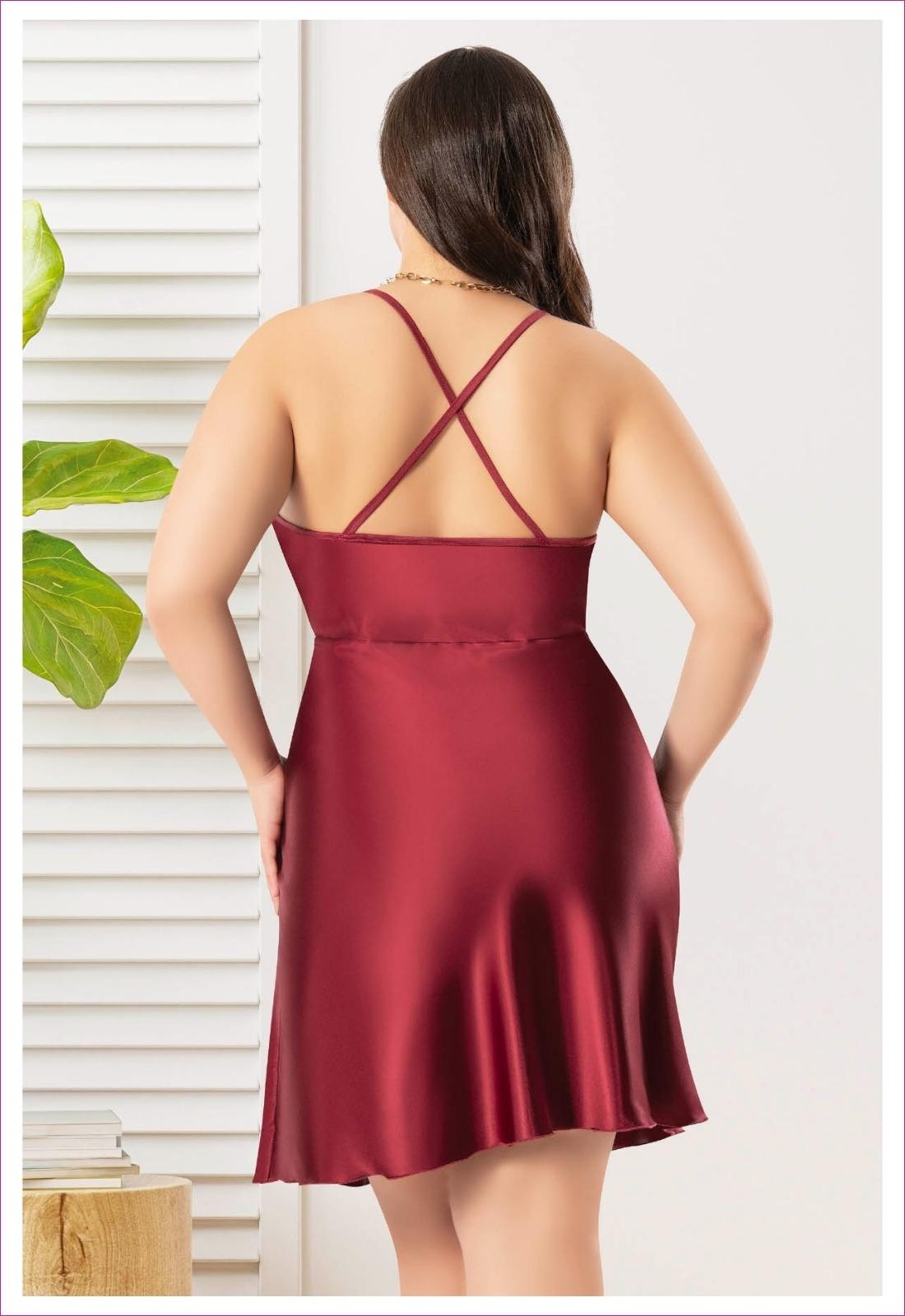 Sırtı Çapraz Askılı Saten Gecelik Büyük Beden Miss Laris 4032 - Bordo