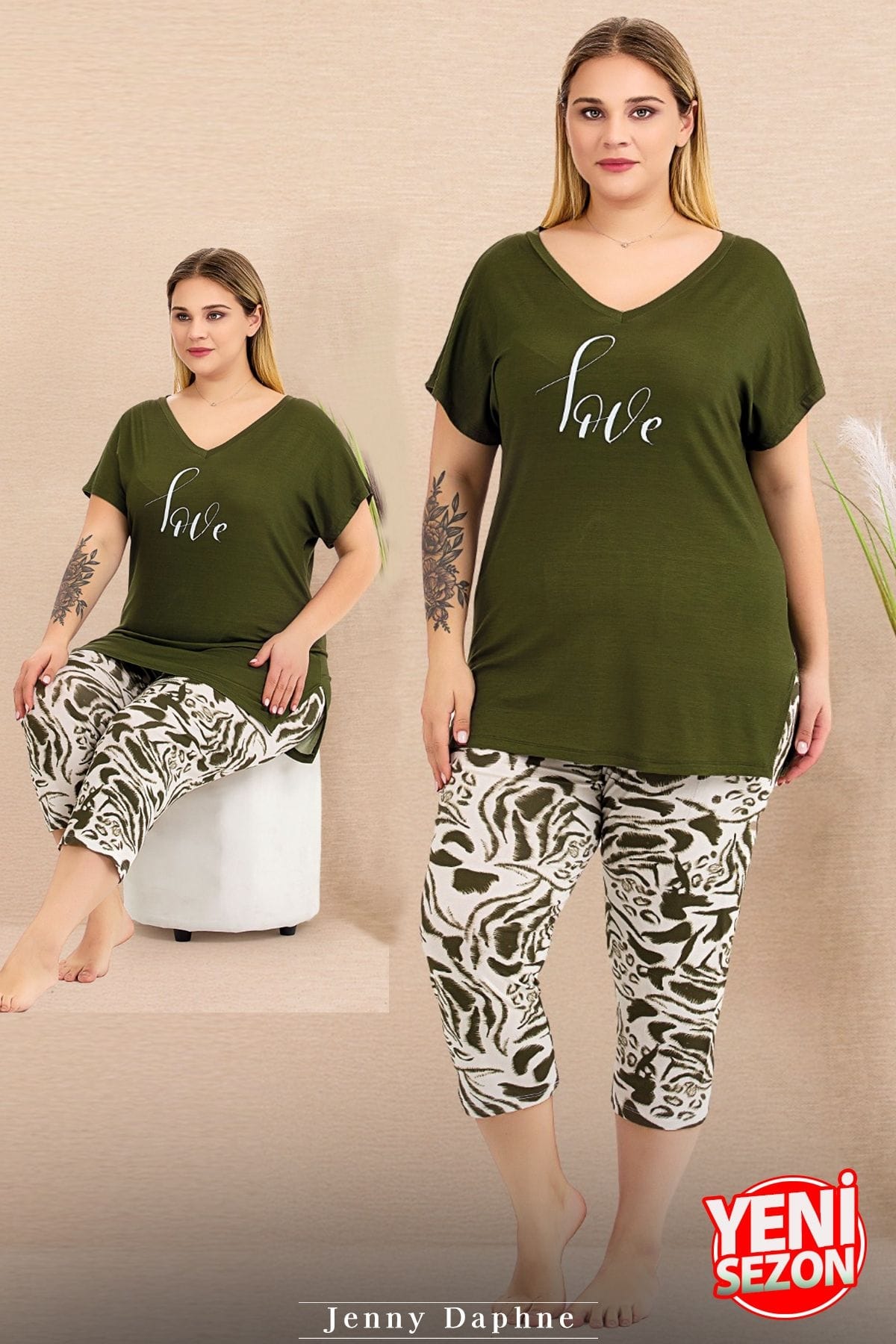 Büyük Beden Yeşil Desenli Kısa Kollu Kapri Pijama Takımı Lady 10715 - Yeşil