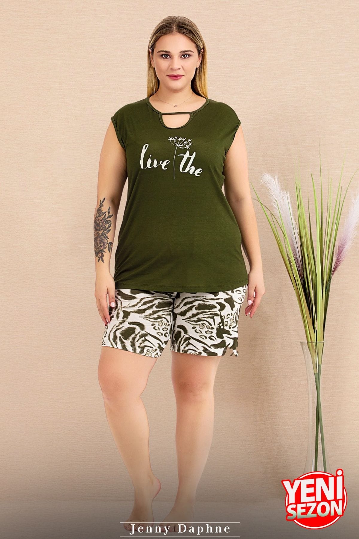 Büyük Beden Kolsuz İp Yaka Şortlu Pijama Takımı Lady 10424 - Yeşil