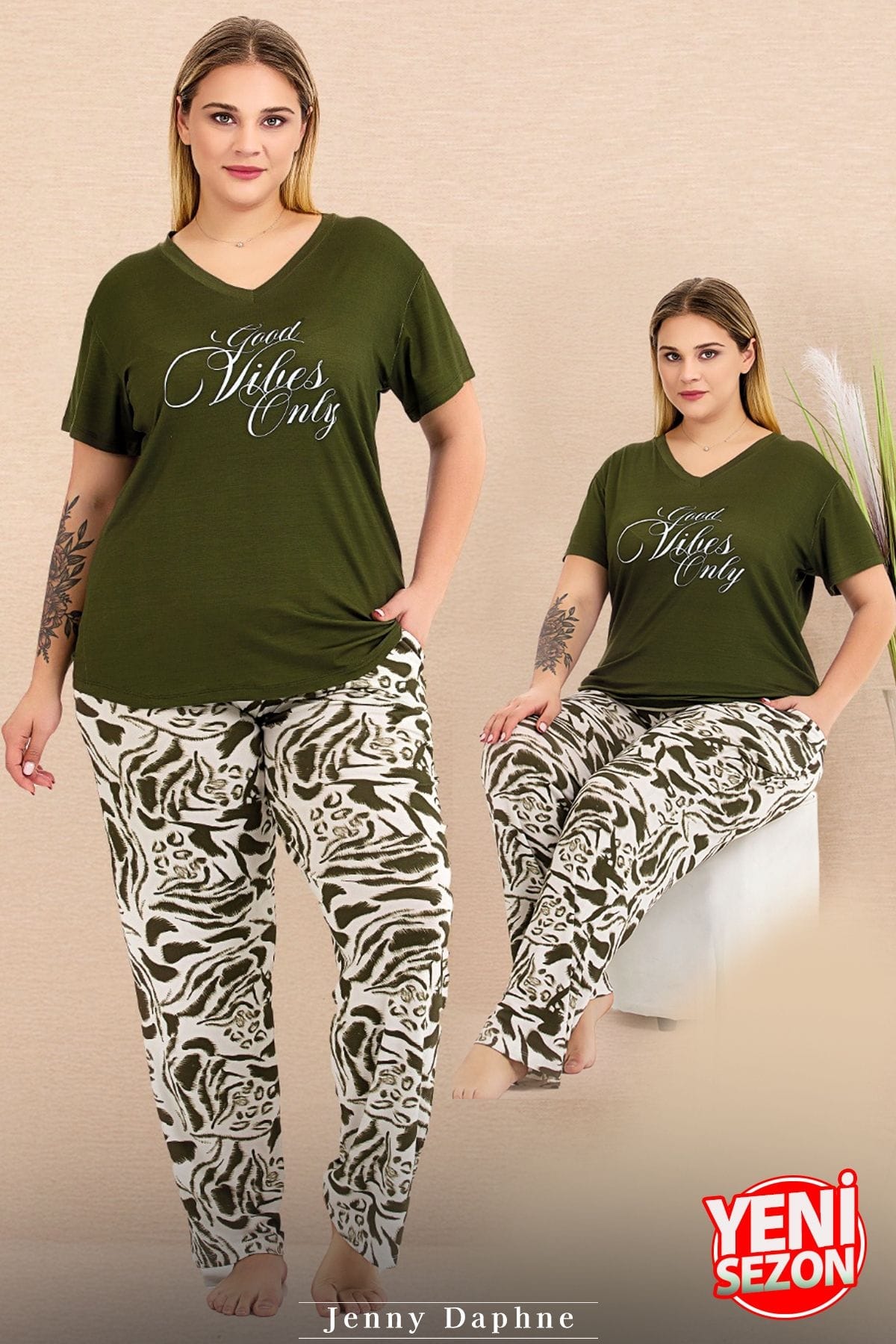 Lady Büyük Beden V Yaka Yeşil Pijama Takımı Lady 10999