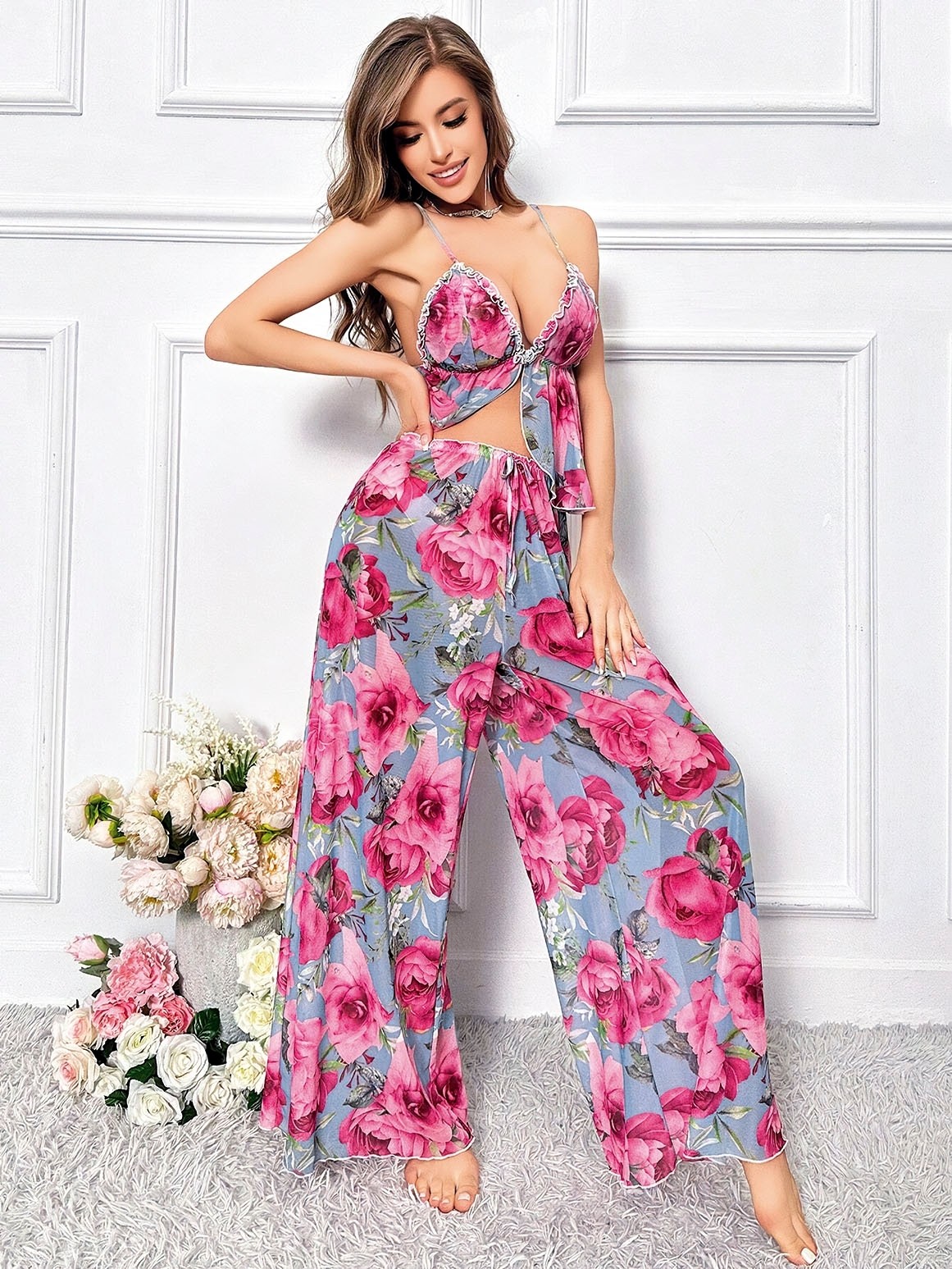 Büyük Çiçekli Geniş Pantalon İnce Askılı Pijama Takımı Pink Night 1457 - Mavi