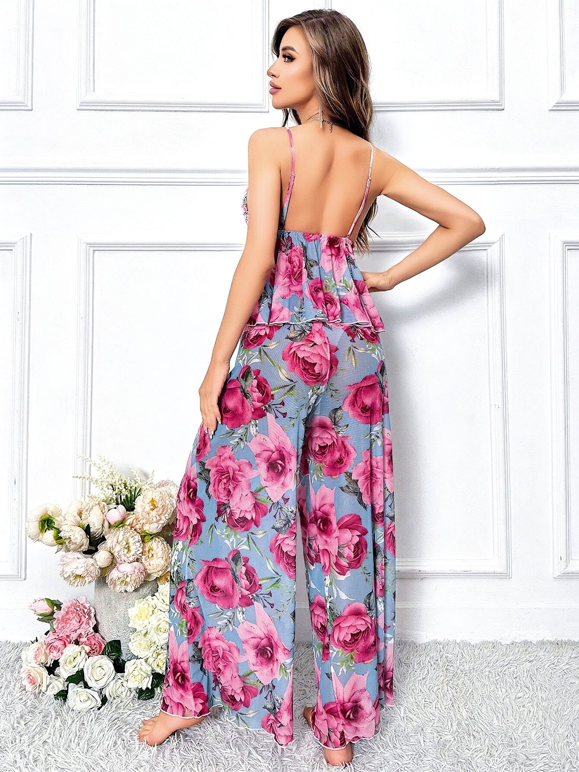 Büyük Çiçekli Geniş Pantalon İnce Askılı Pijama Takımı Pink Night 1457 - Mavi