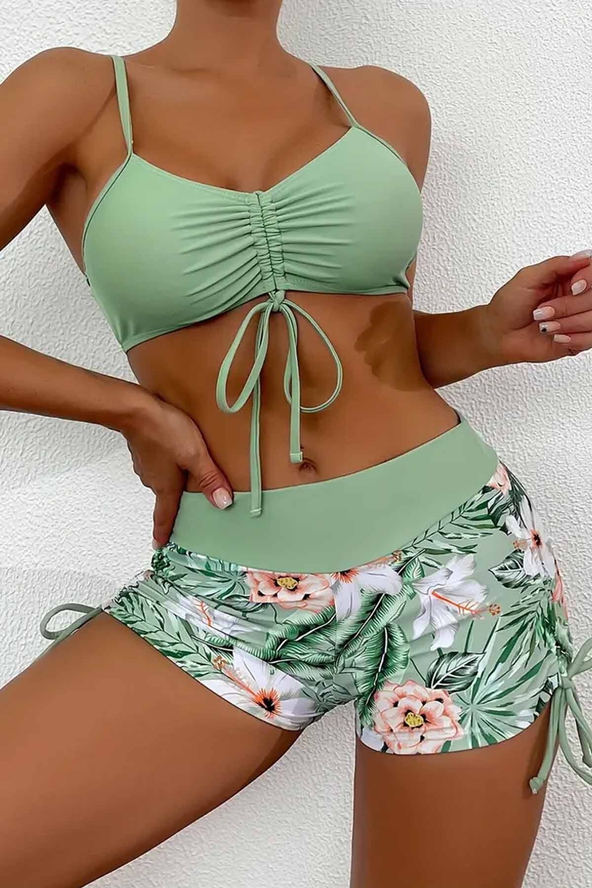 Büzgü Ayarlı Baskılı Bikini Takımı Angelsin MS 4388 Yeşil - Yeşil