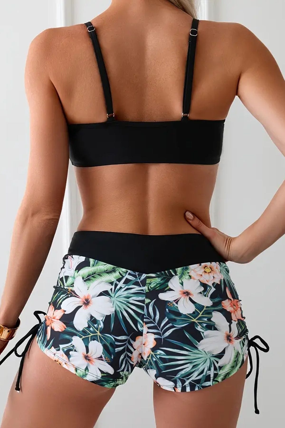 Büzgü Ayarlı Baskılı Bikini Takımı Angelsin MS4388 Siyah - Siyah