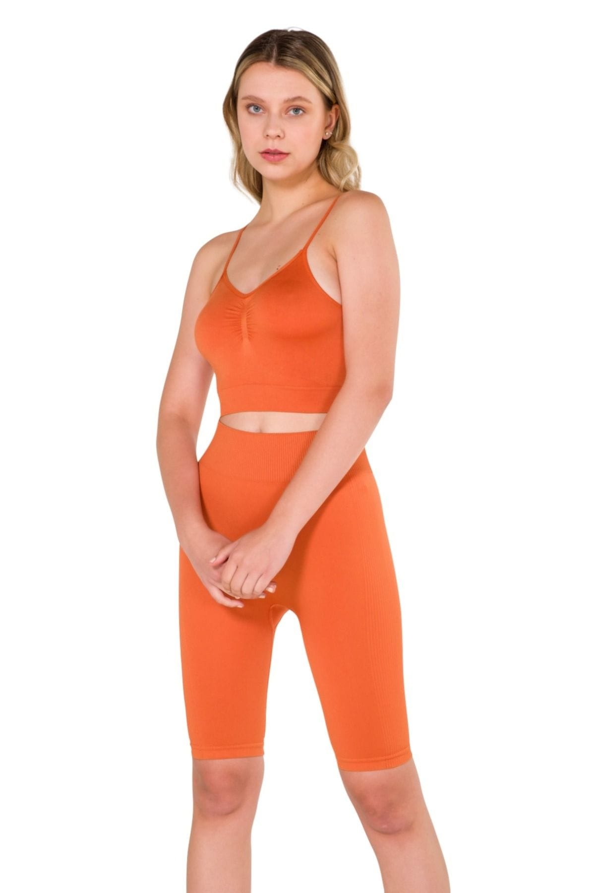 Büzgülü Dikişsiz Crop Büstiyer Jartiyer Takım FormActive 2000 - Turuncu