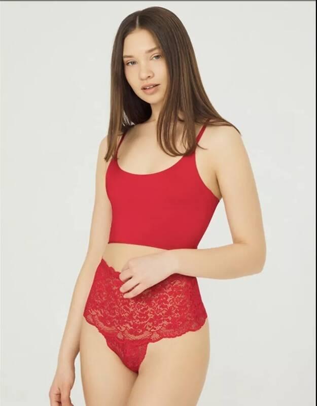 Çapraz Bantlı Dantelli Yüksek Bel Tanga Venlisa 6102 - Kırmızı