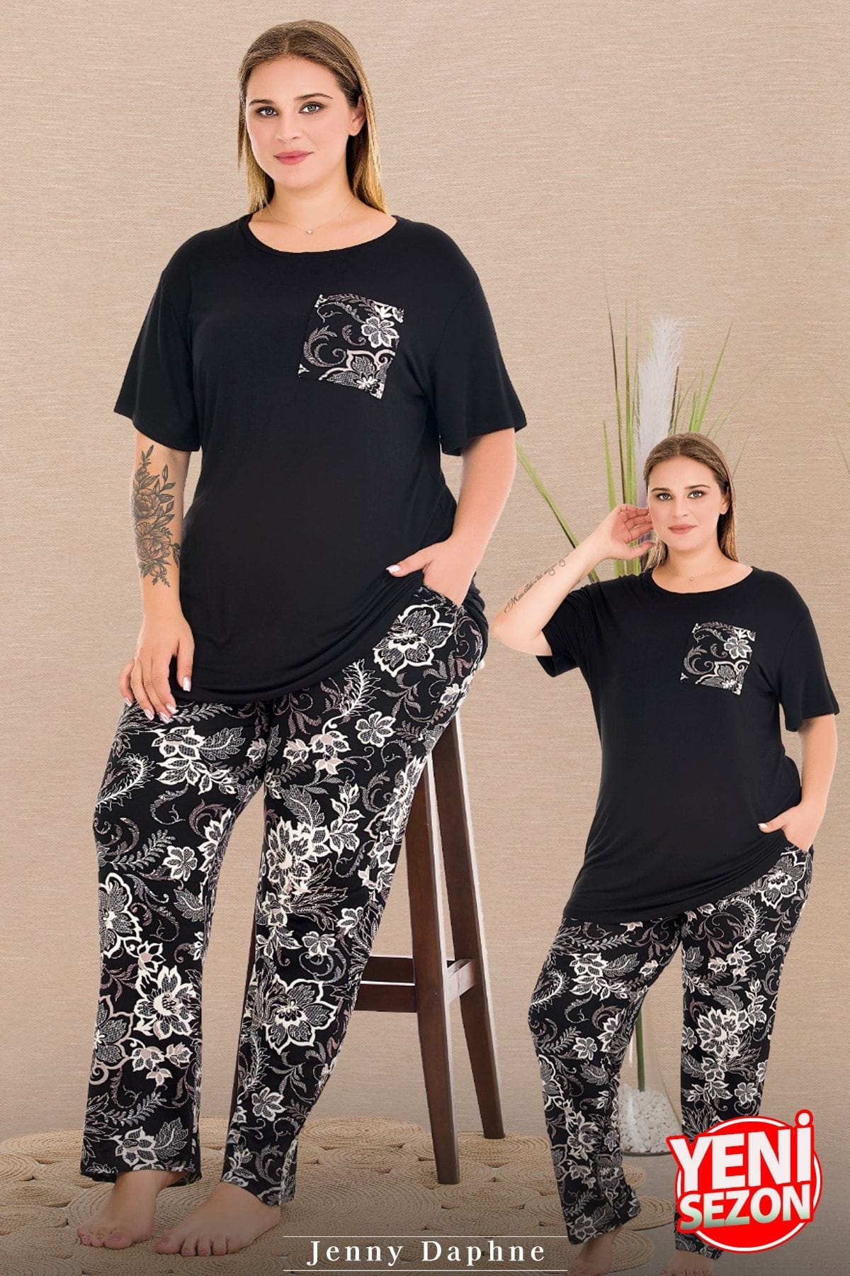 Büyük Beden Çiçek Desenli Kısa Kollu Pijama Takımı Lady 11011 - Siyah