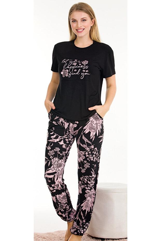 Çiçek Desenli Cepli Kısa Kollu Pijama Takımı Lady 12554 - Siyah
